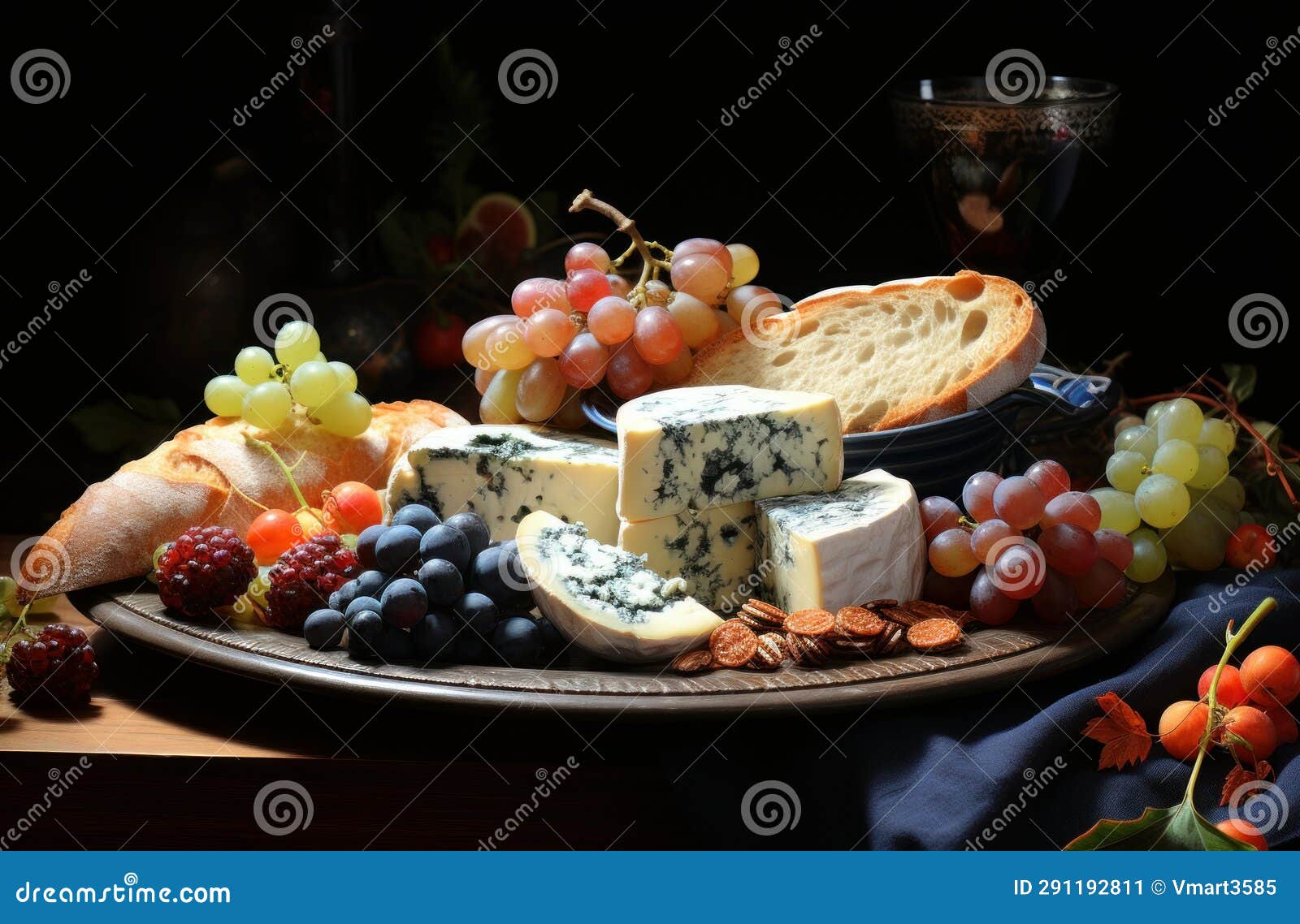 cheeses mix set dor blu chedar camamber brie, grapes and snacks