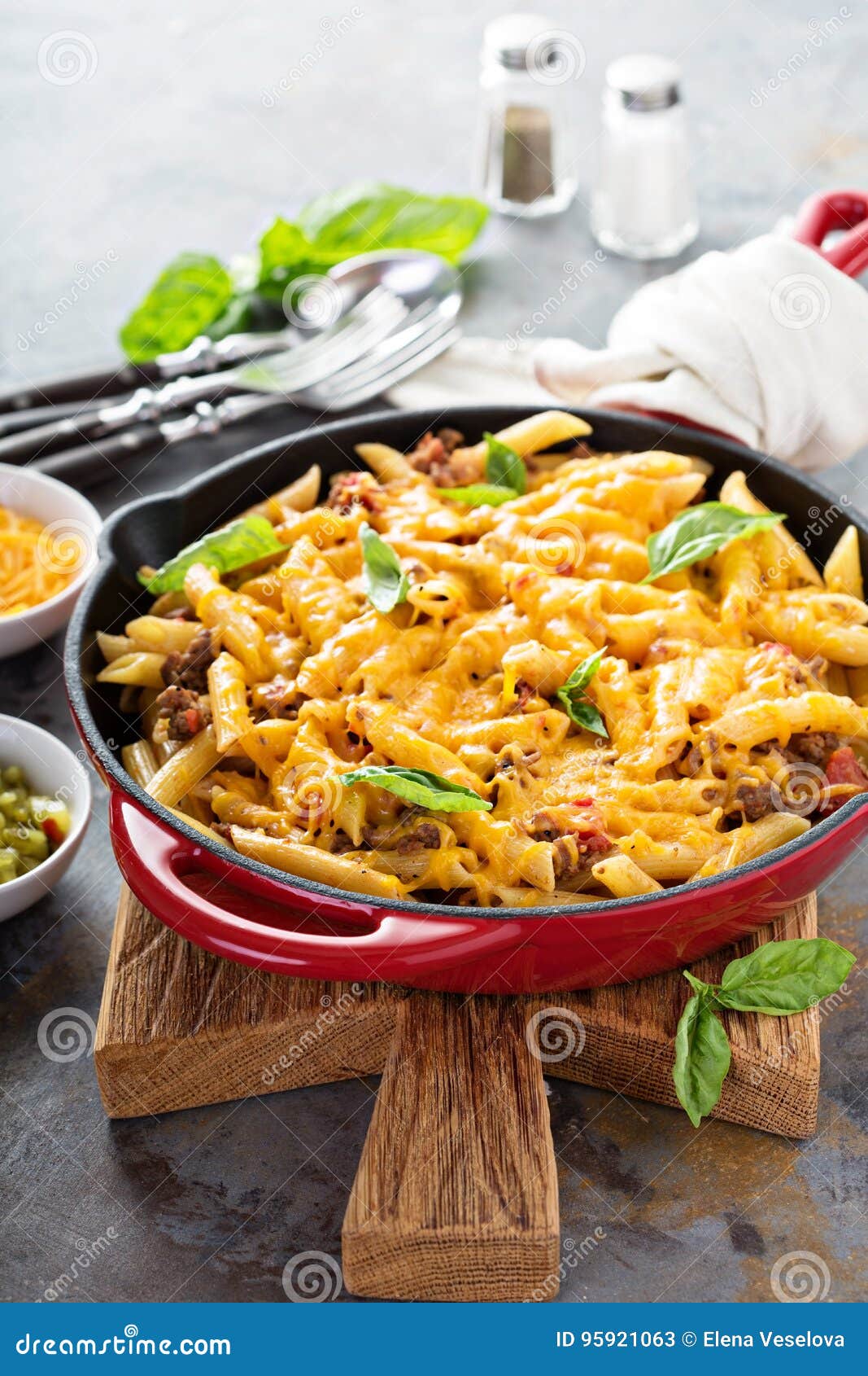 Cheesy Pasta Bake with Ground Beef and Herbs Stock Image - Image of ...