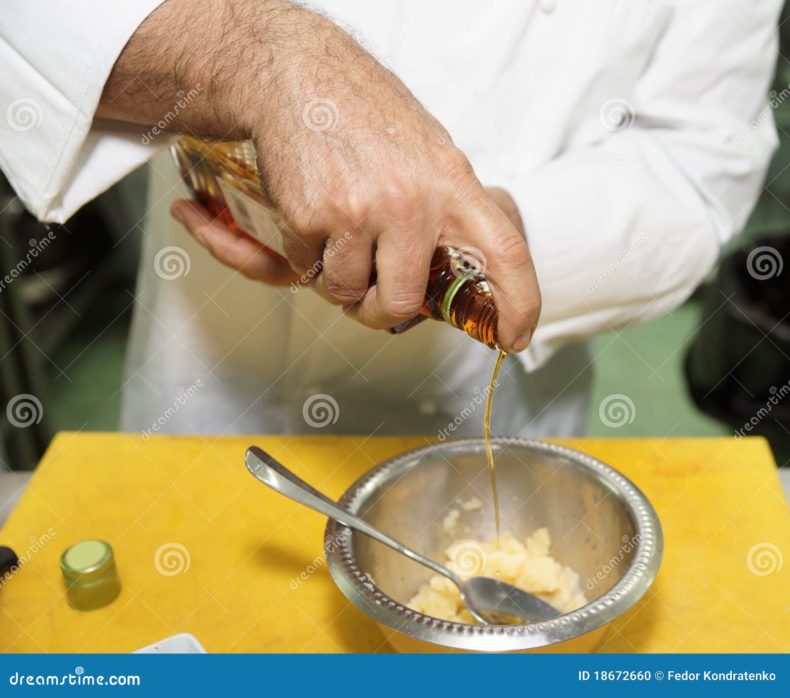 Chef is Adding Olive Oil in Mixing Pan Stock Photo Image of working
