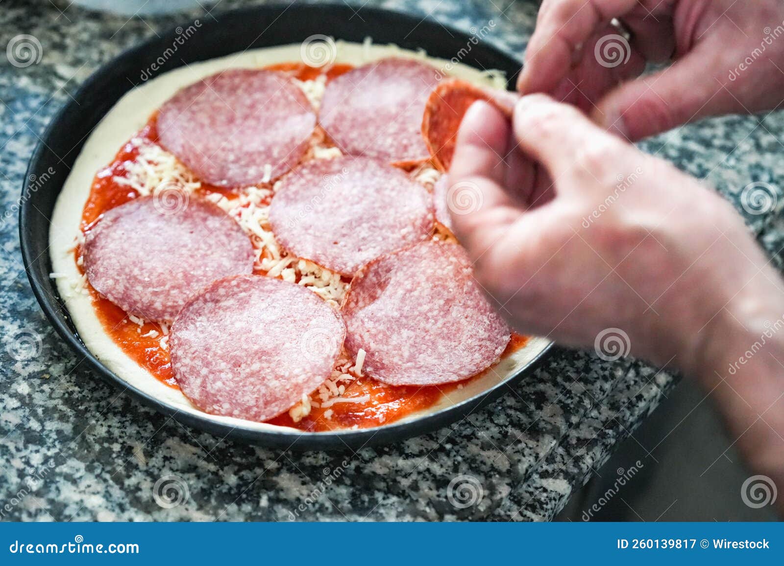 Chef Adding Sausage Slices on Raw Pizza Base Stock Image Image of