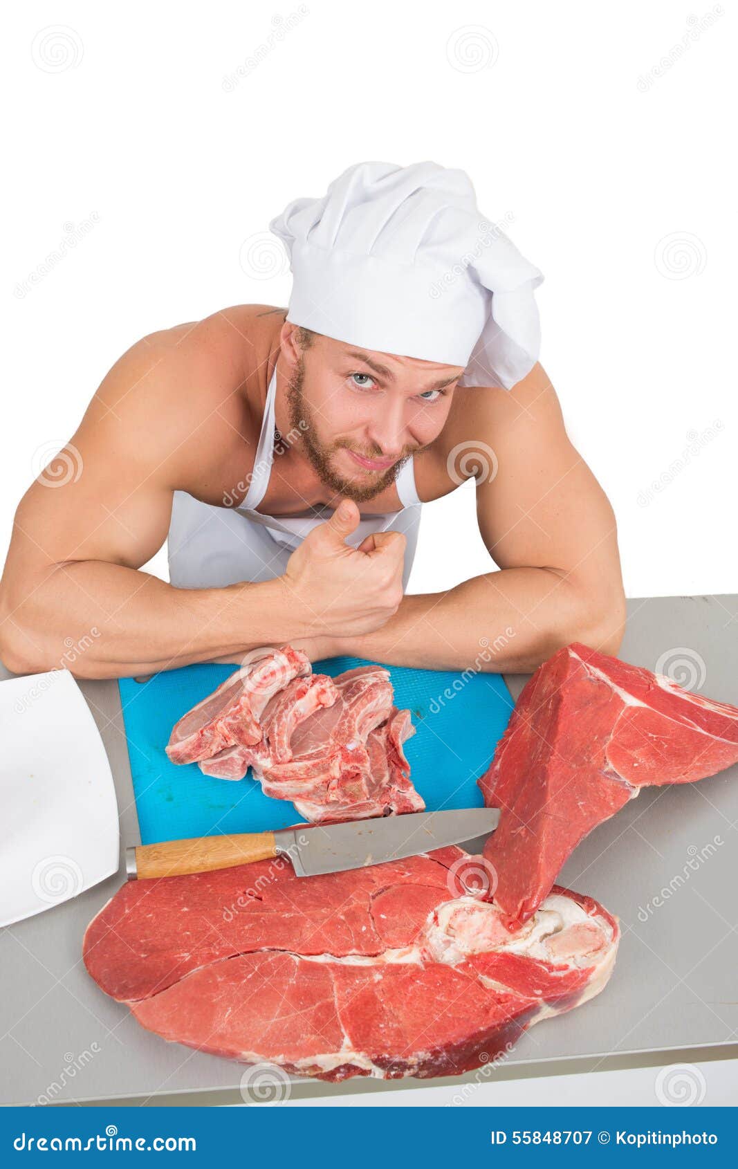 Chef Bodybuilder Preparing Large Chunks of Raw Stock Image Image of