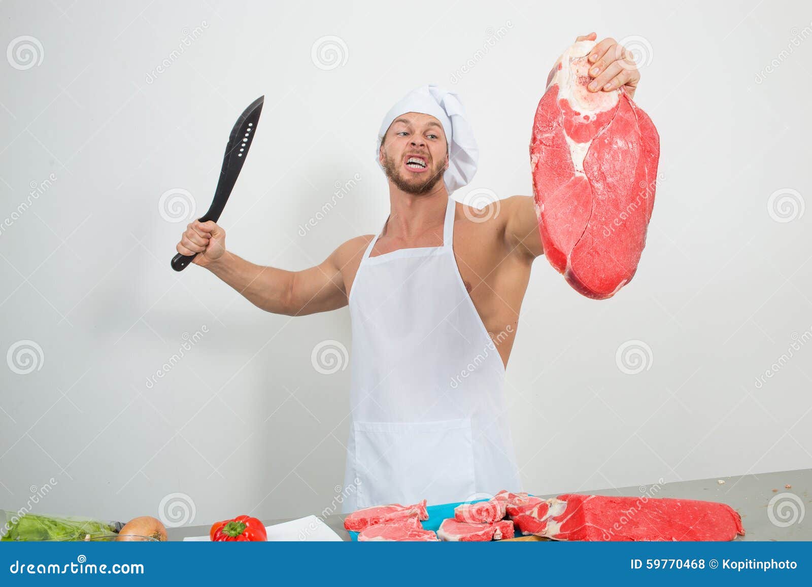 Chef Bodybuilder Preparing Large Chunks of Raw Stock Photo Image of