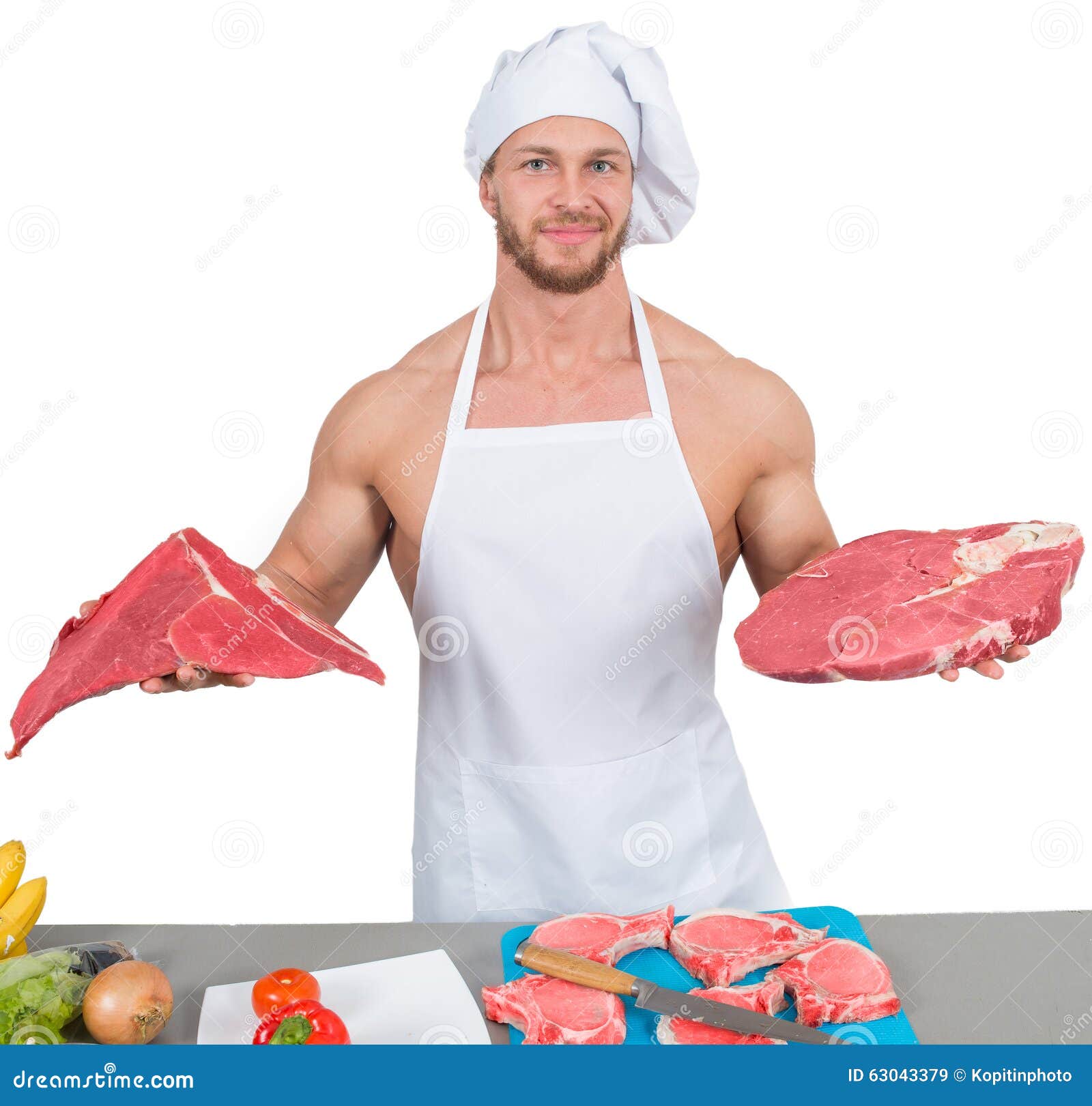 Chef Bodybuilder Preparing Large Chunks of Raw Stock Image Image of
