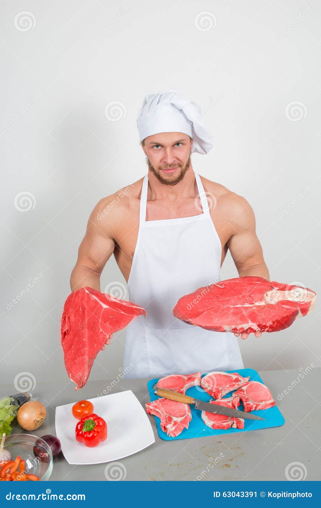 Chef Bodybuilder Preparing Large Chunks of Raw Stock Image Image of