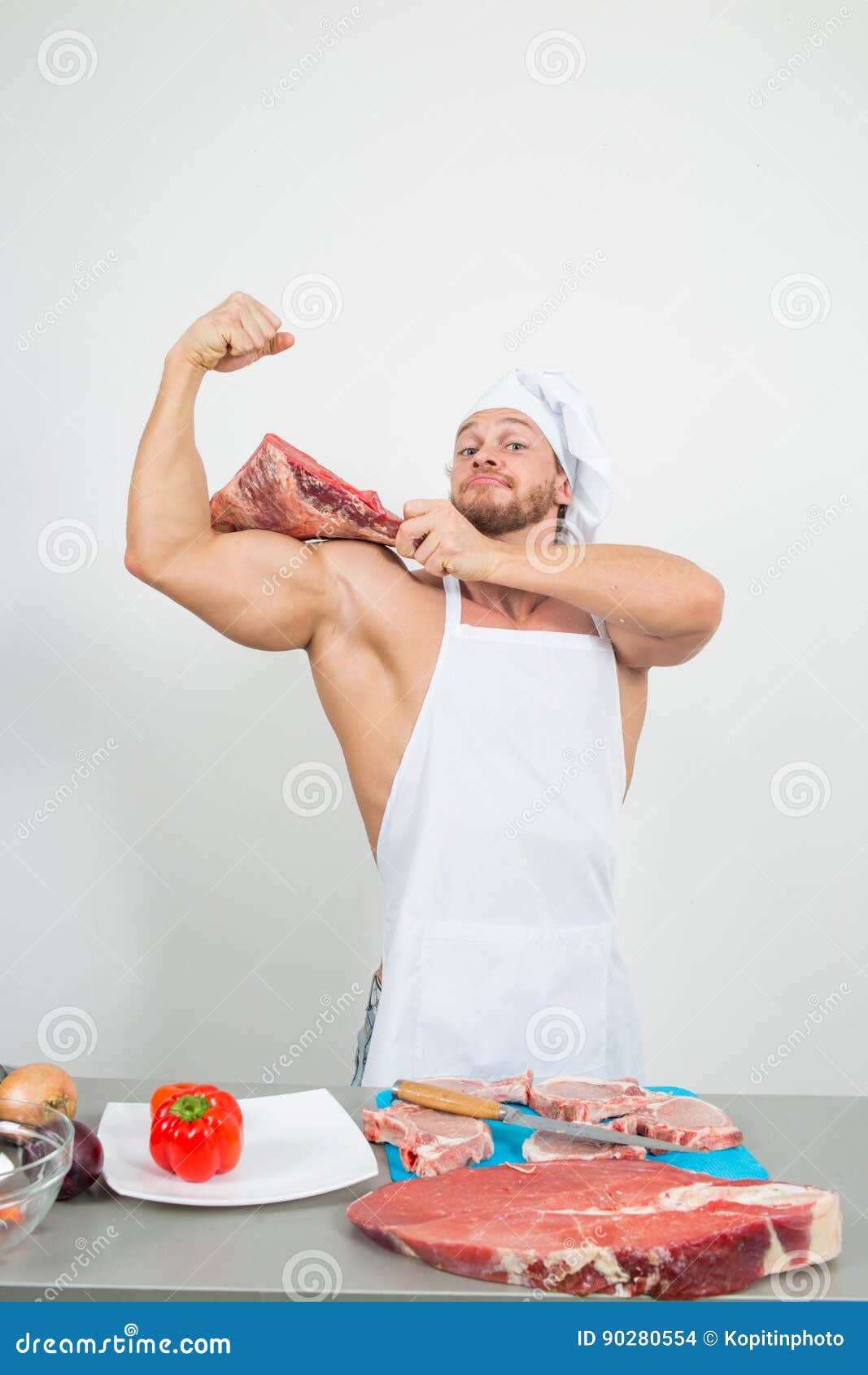 Chef Bodybuilder Preparing Large Chunks of Raw Meat. Natural Proteins