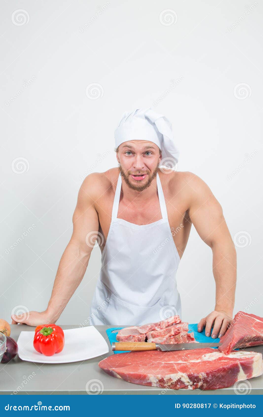 Chef Bodybuilder Preparing Large Chunks of Raw Meat. Natural Proteins
