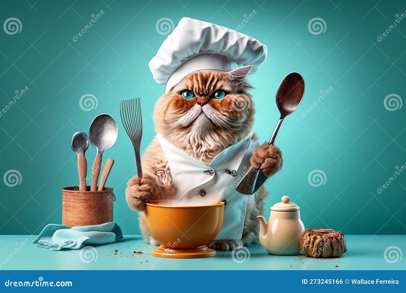 Chef Cat with Kitchen Utensils. Generative AI. Stock Illustration