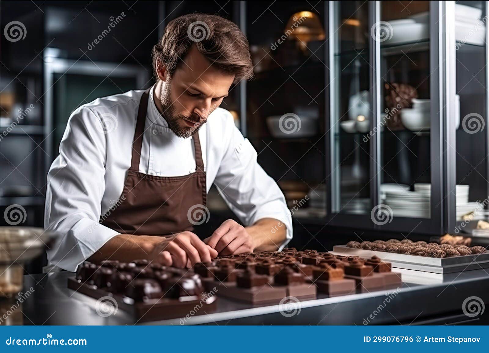 Chef Chocolatier Working, Man Makes Handmade Chocolates Stock