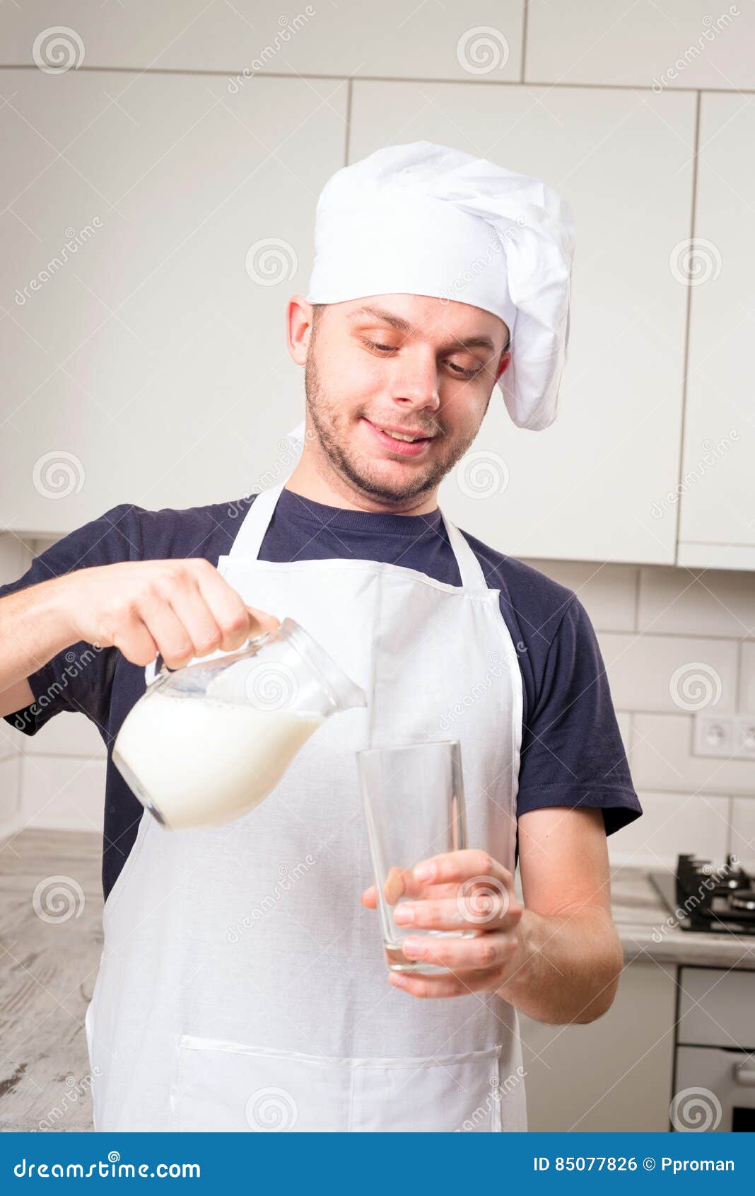 Chef Cook Pours Milk in a Glass Stock Photo Image of bowl, caucasian