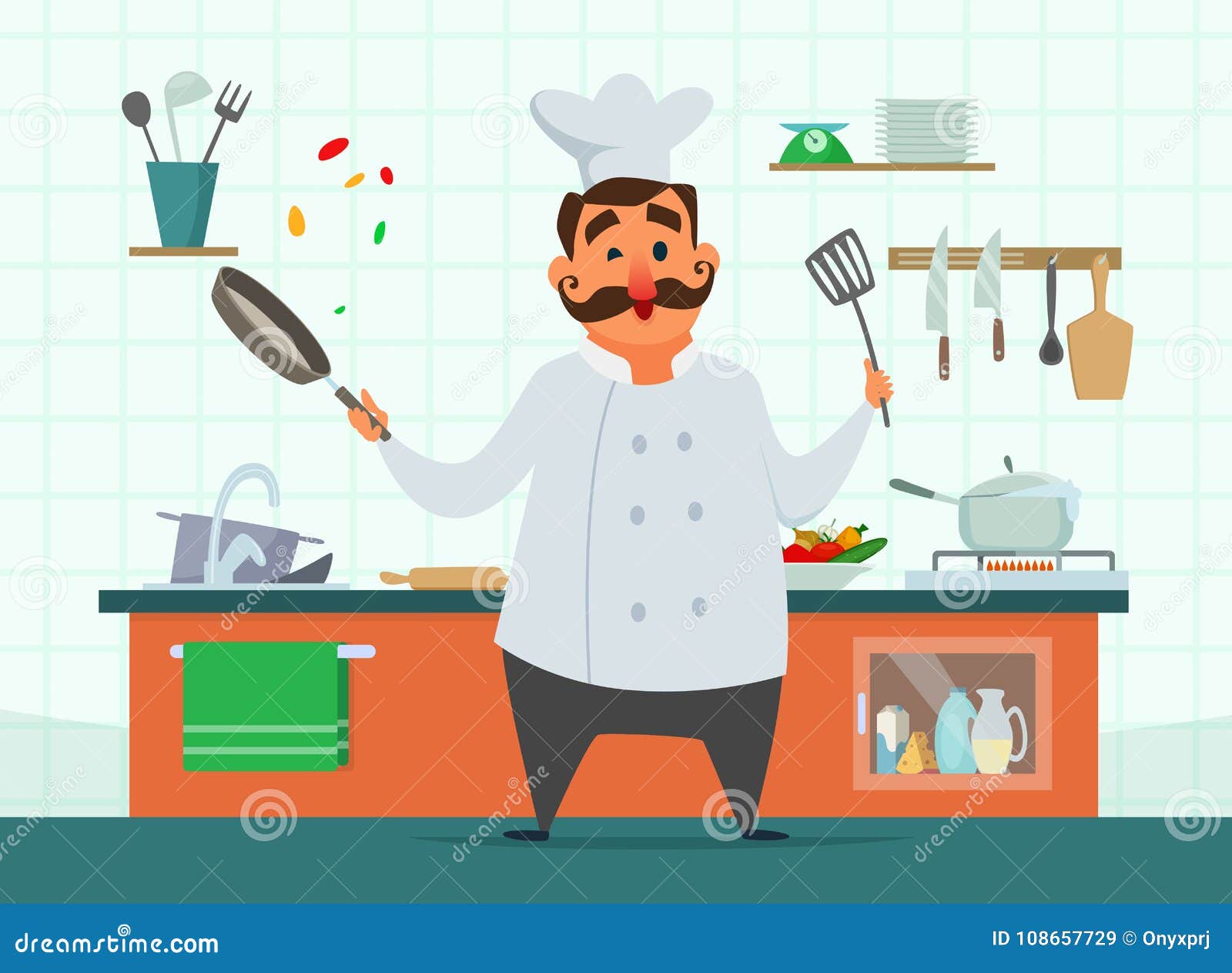 Chef Cooking on the Kitchen. Vector Character in Cartoon Style Stock Vector  - Illustration of dinner, design: 108657729