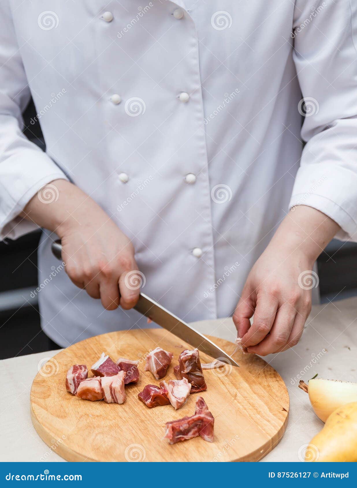 Chef Cutting Raw Meat on the Wood Block Stock Image Image of diet