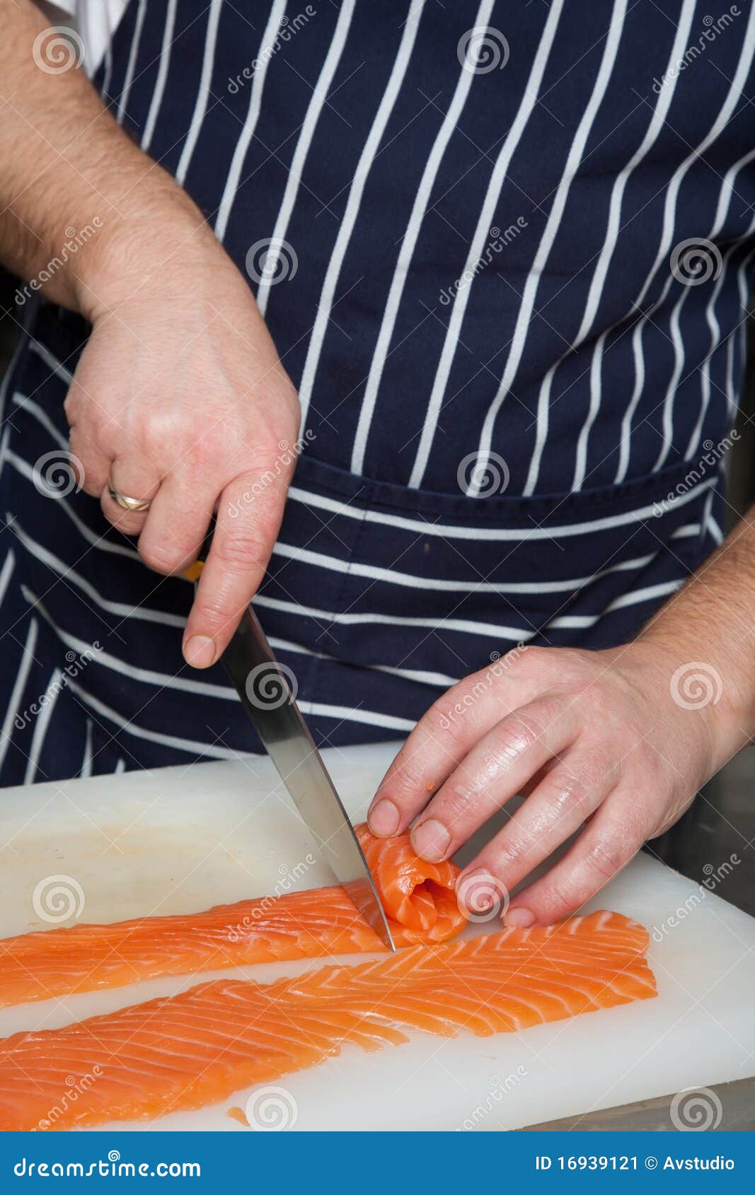 Chef Cutting Salmon Fish on Fillets Stock Image Image of pieces