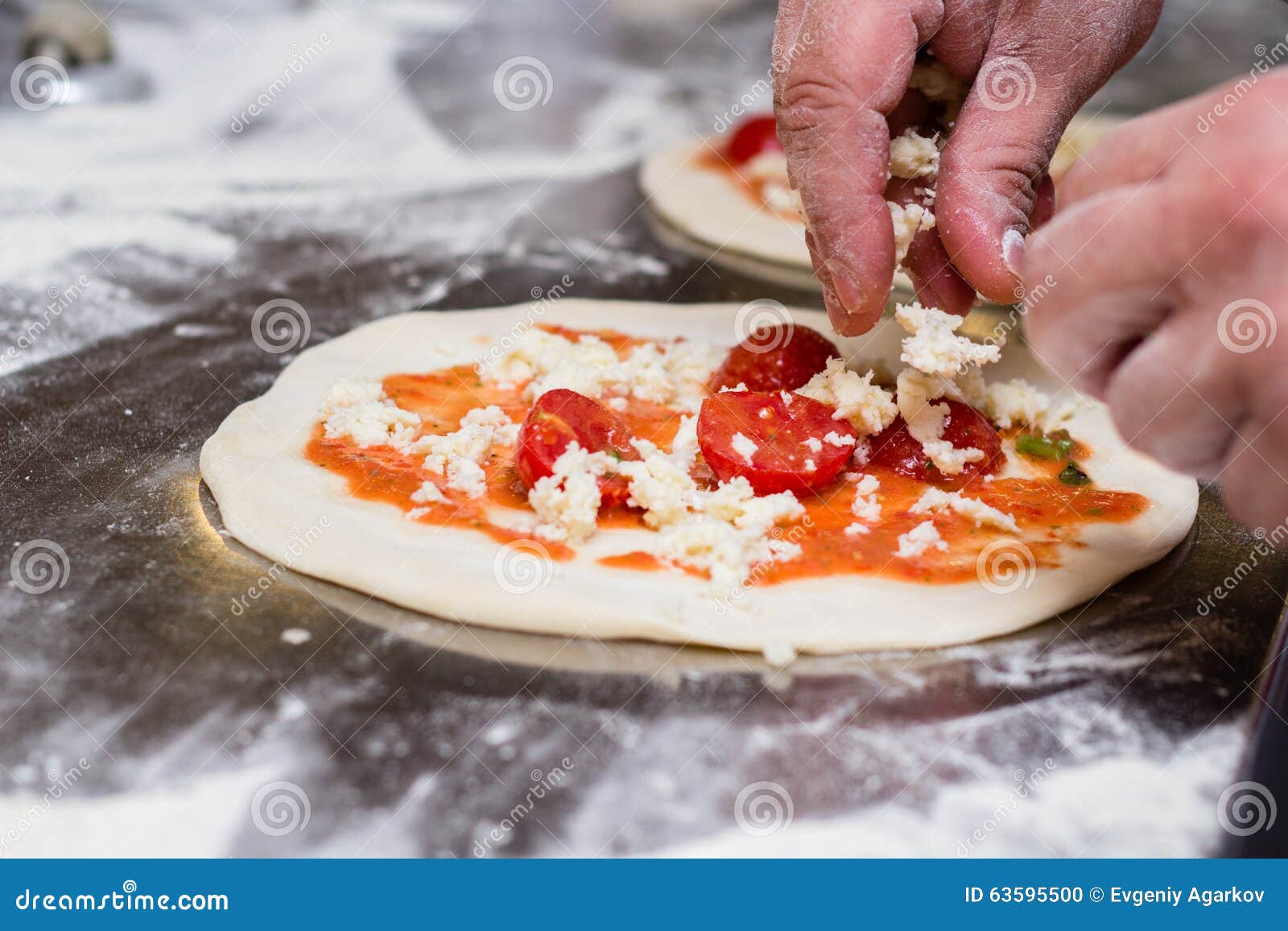 Chef Cutting Up Mozzarella Cheese on Pizza Dough Stock Photo Image of