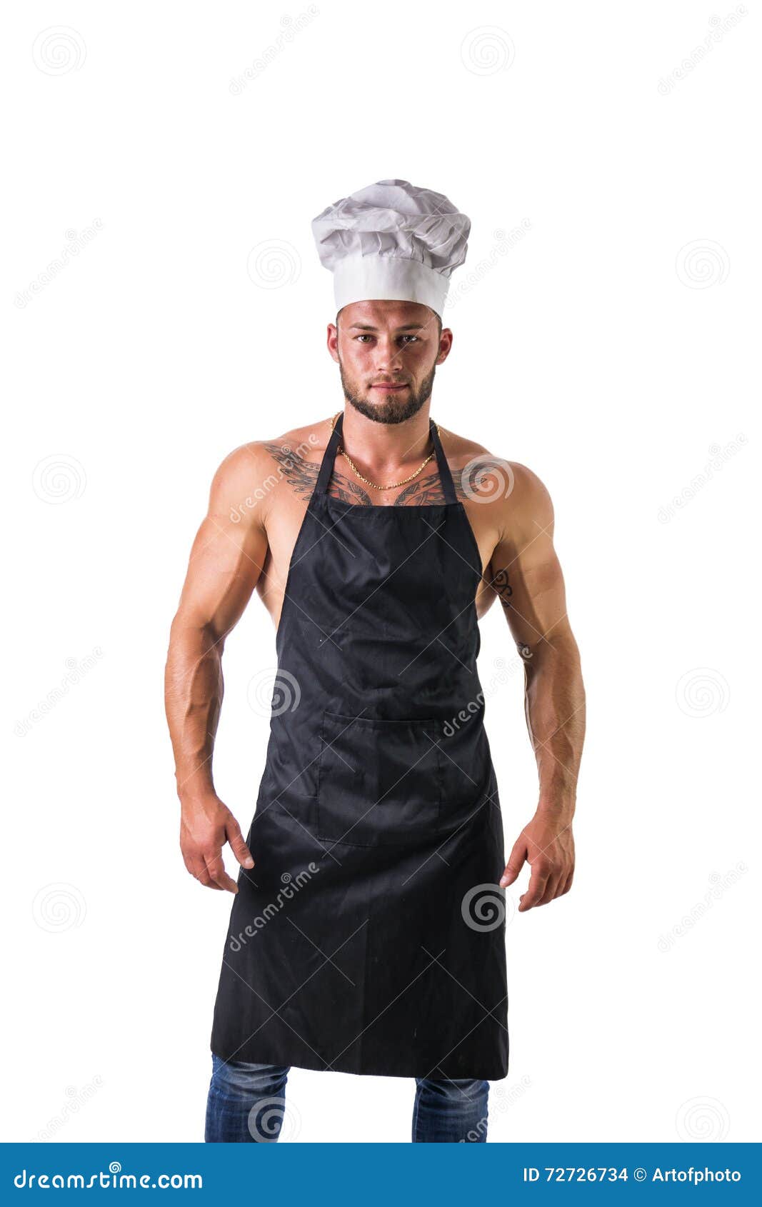Homme beau chef nu porter tablier et chapeau. Chef musclé sexy