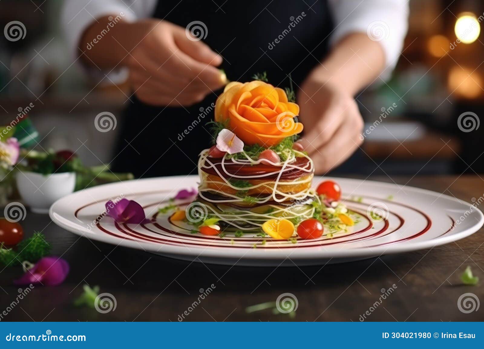 chef delicately garnishes a complexly arranged dish, creating a culinary work of art