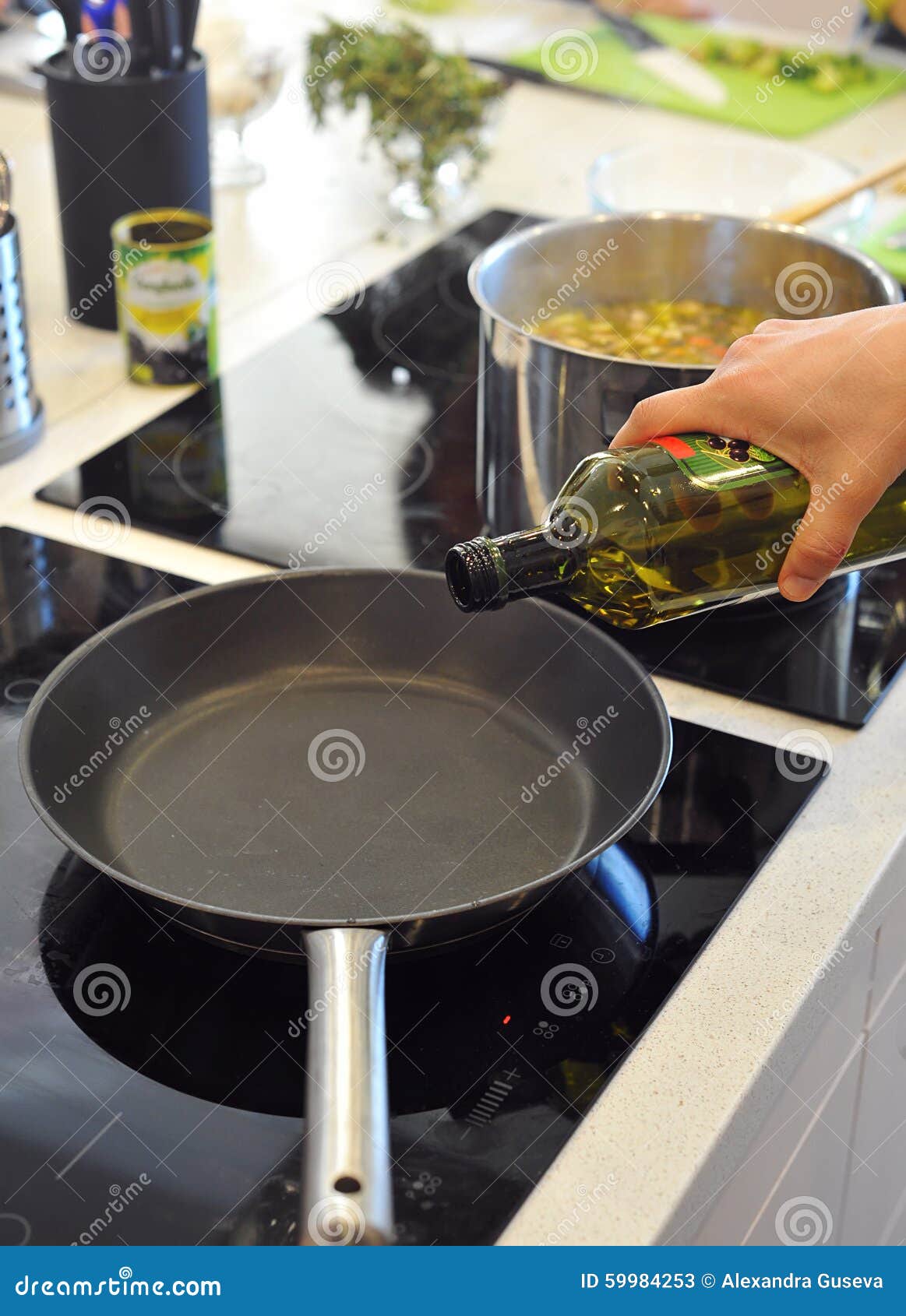 Chef Going To Pour Olive Oil into the Pan Stock Image Image of
