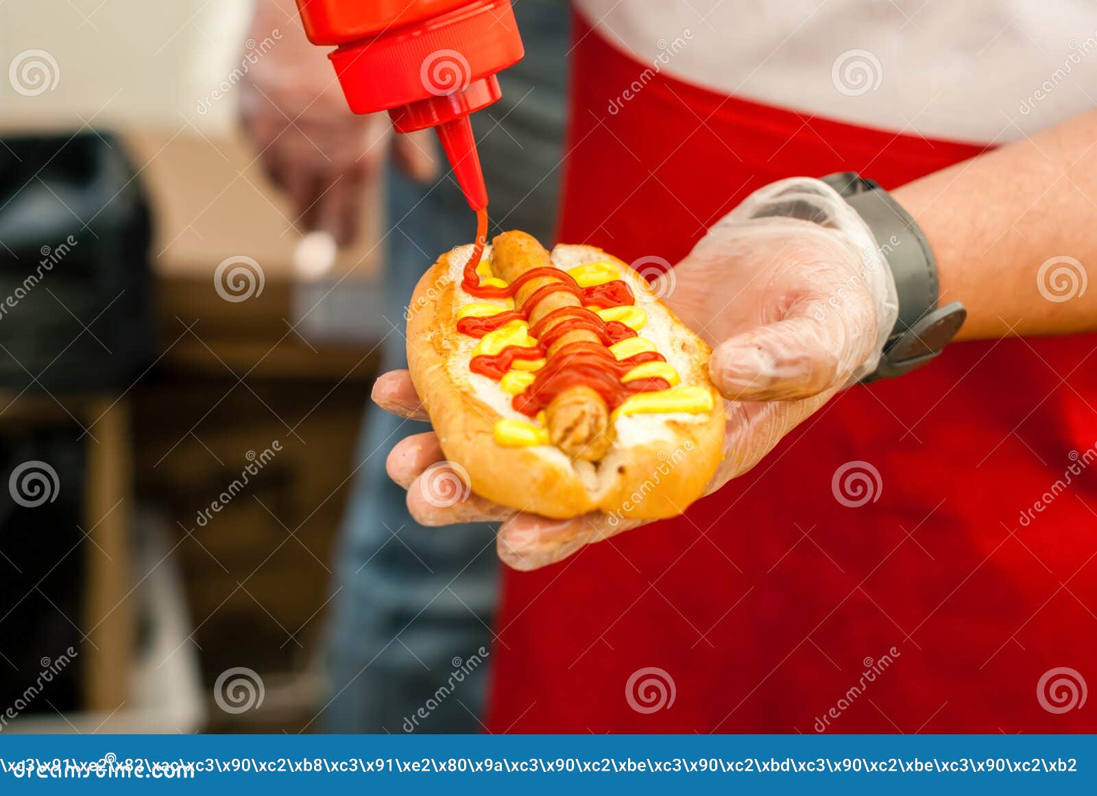 Chef Hands Adding Ketchup To Hot Dog Stock Photo Image of snack