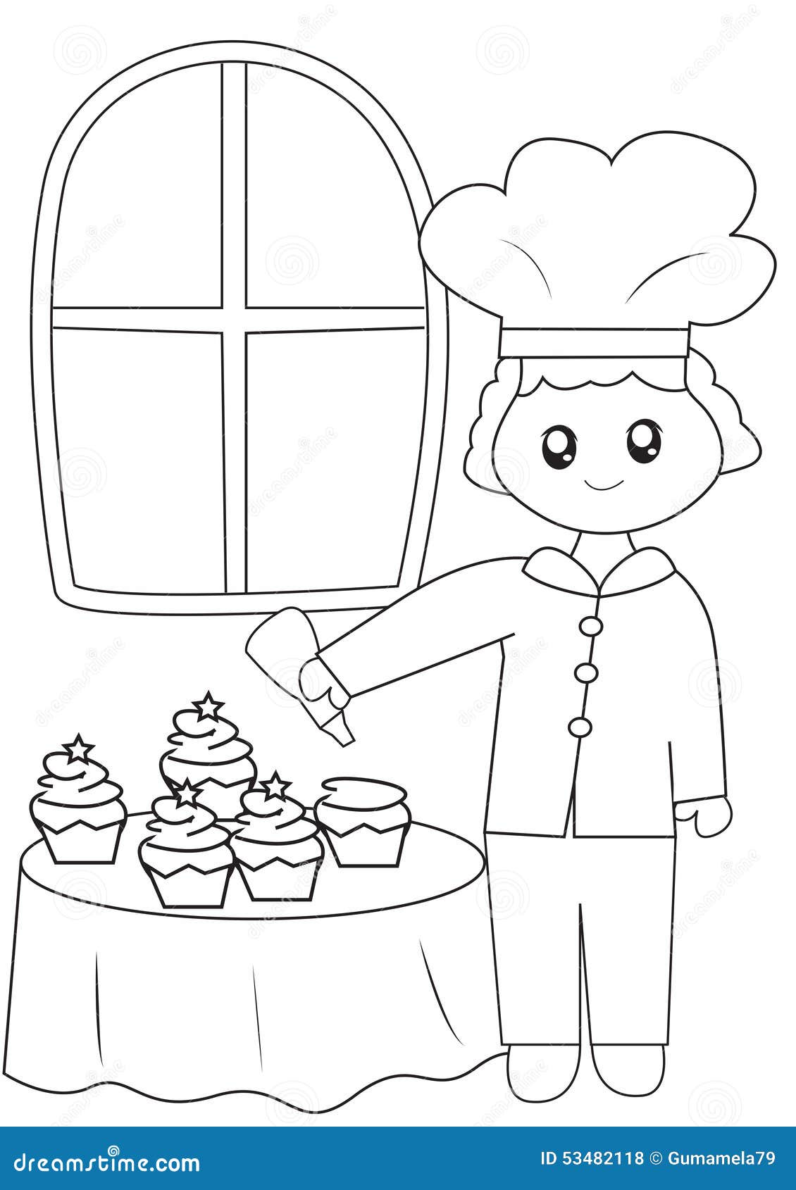 The Chef With His Cupcakes Coloring Page Stock Illustration