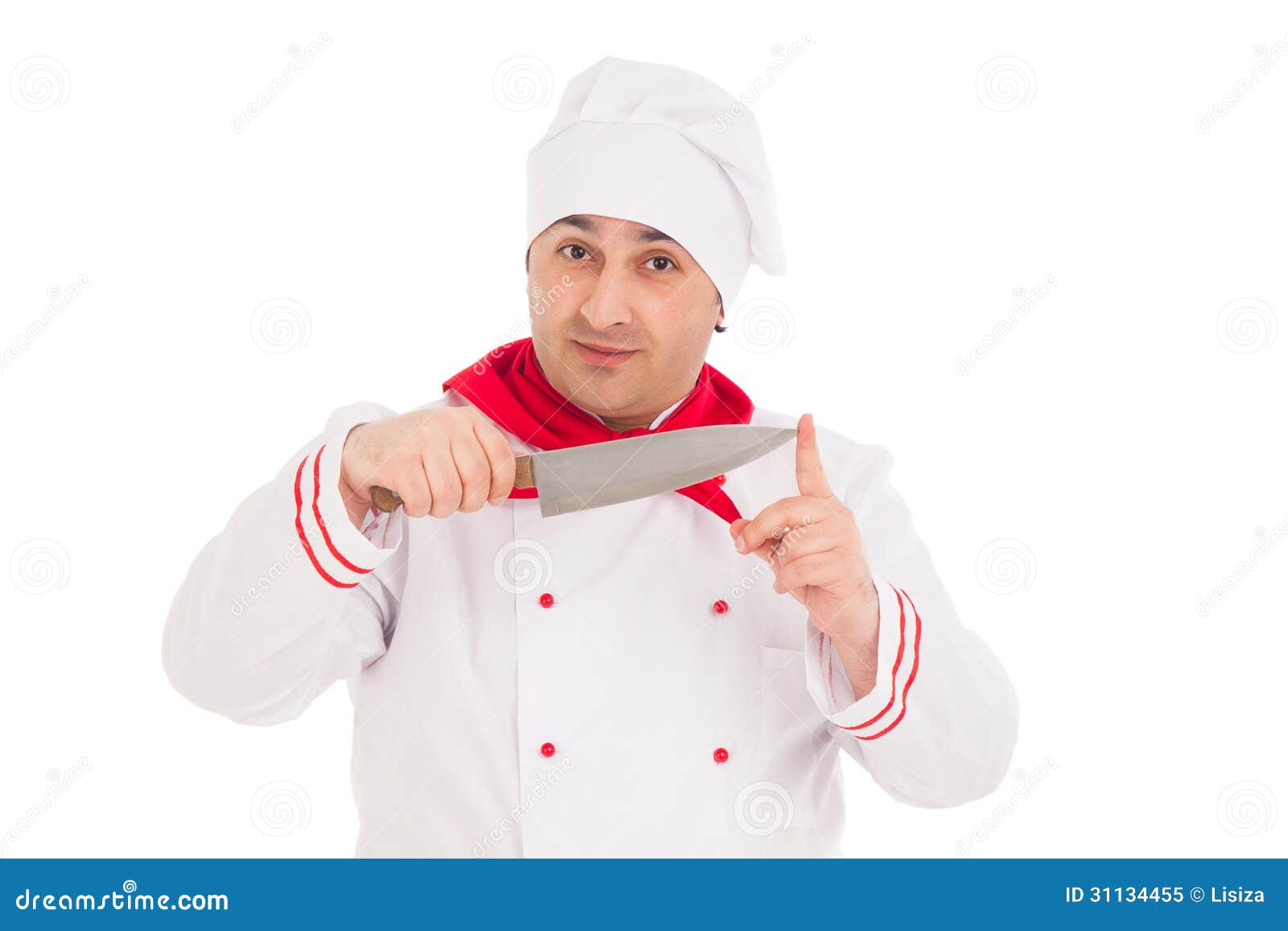 Chef Holding Knife Wearing Red And White Uniform Royalty Free Stock Photo Image 31134455