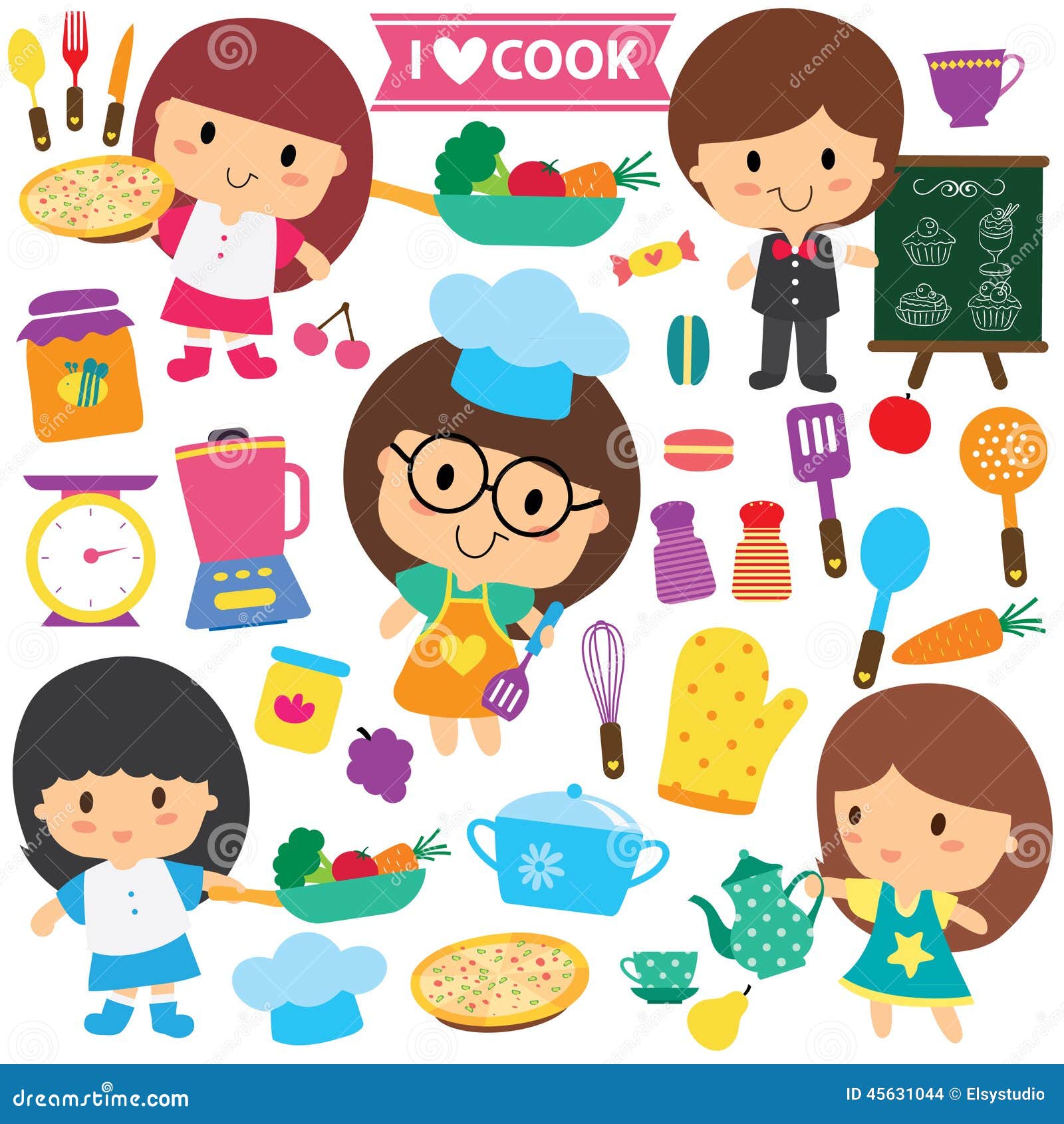 Chef Kids and Kitchen Elements Clip Art Set Stock Vector Illustration