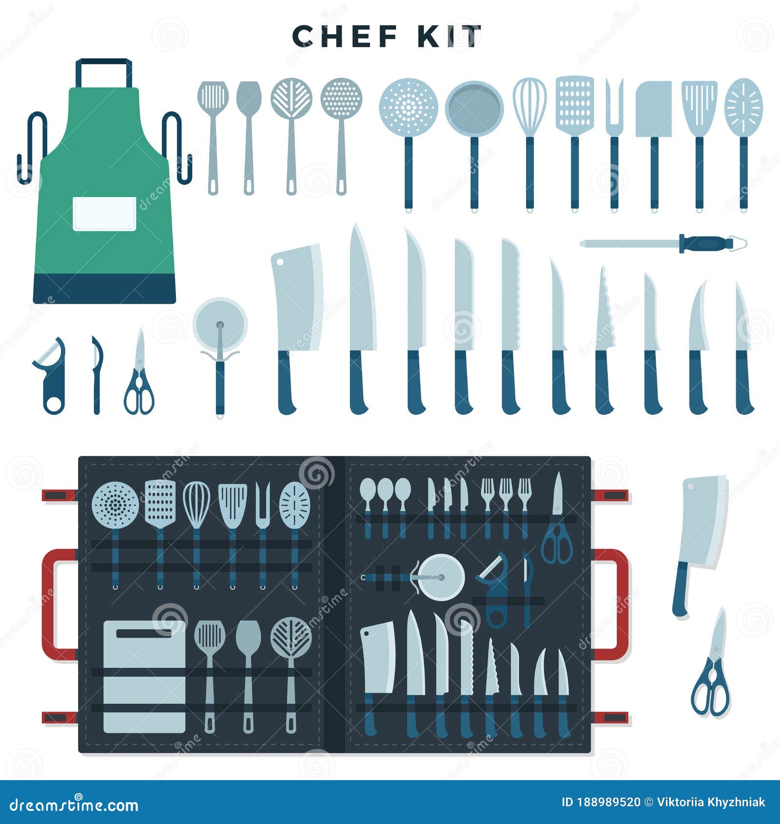 Chef Kitchen Tools Set. Collection of Tools for Cooking, Knives