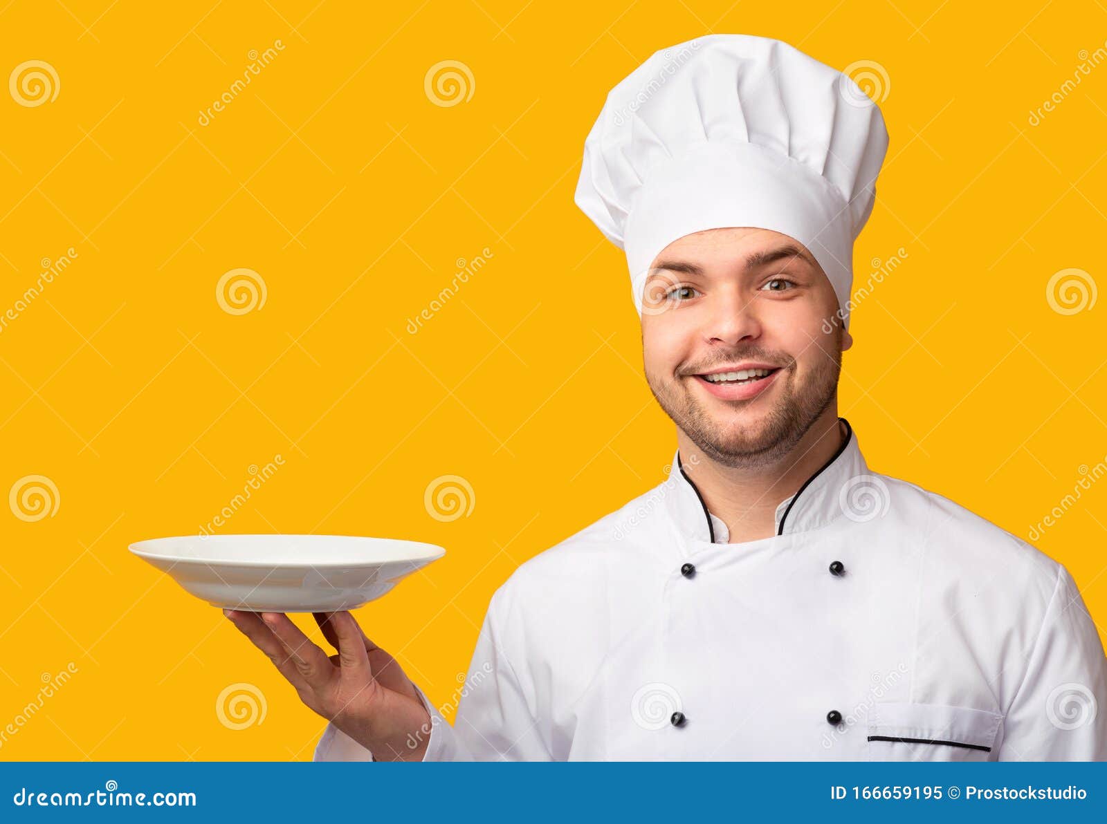 Chef Man Serving Dish Holding Empty Plate Over Yellow Background Stock