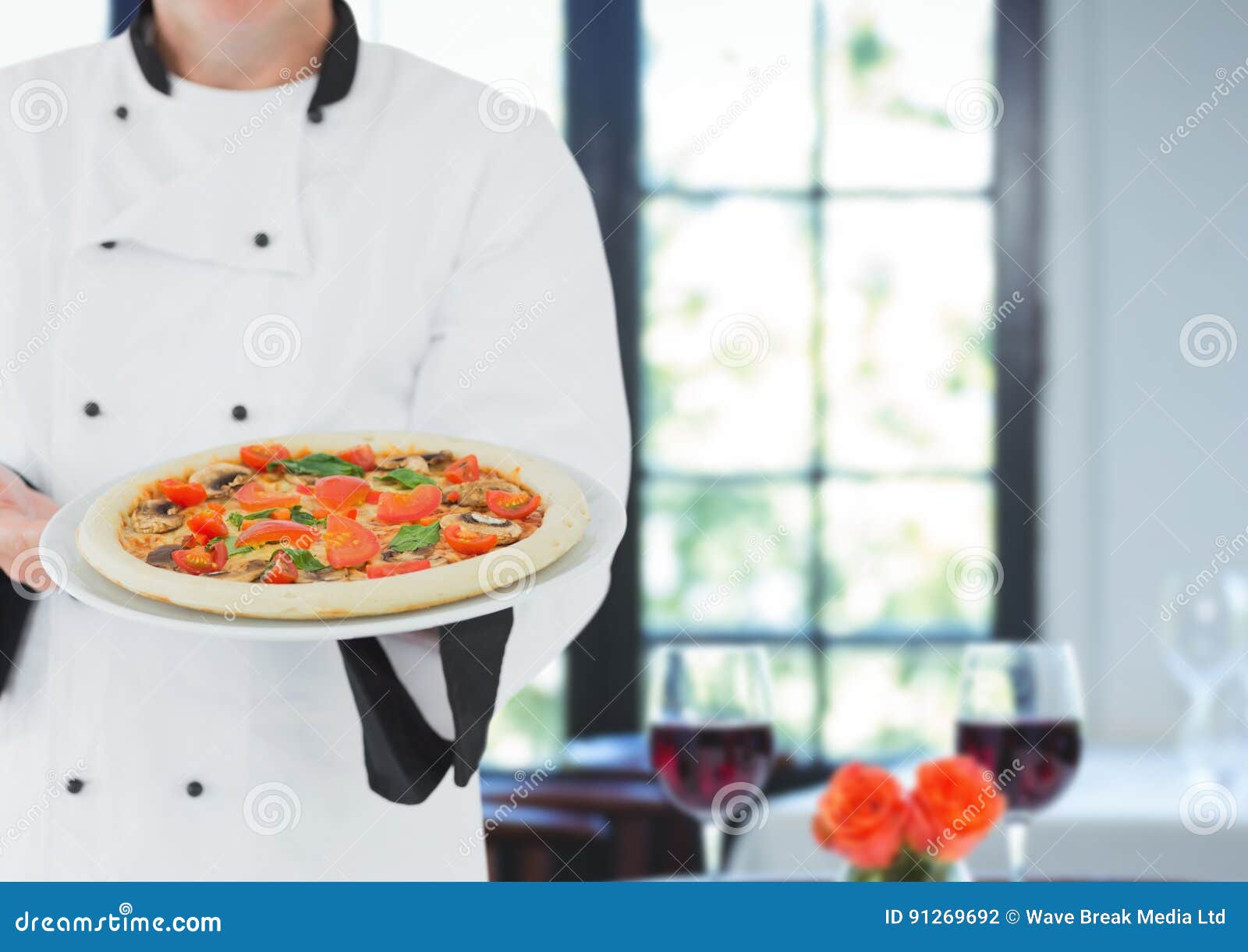 Chef with Pizza with Table with Wine Background Stock Photo - Image of ...