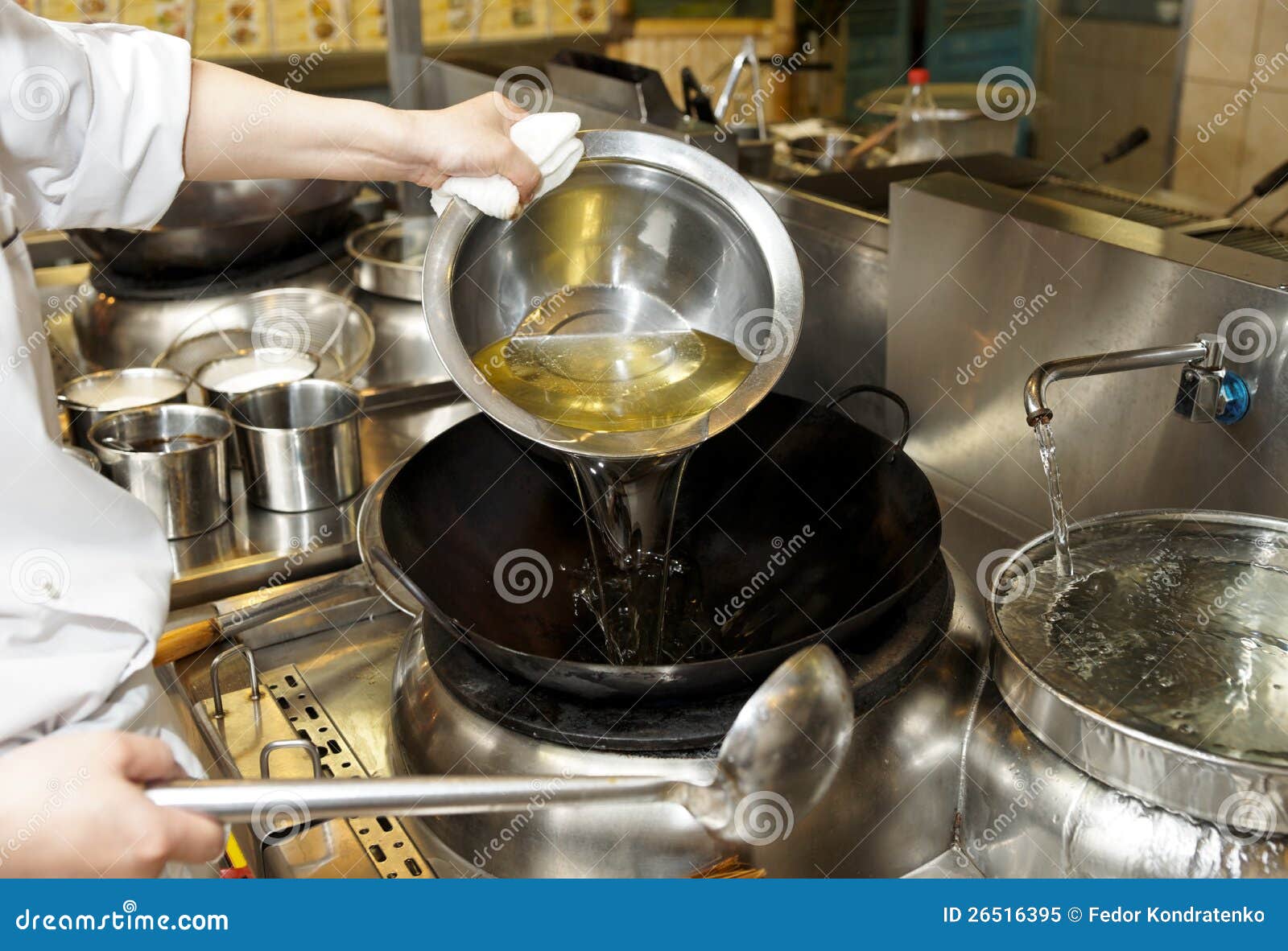 Chef is Pouring Cooking Oil in Wok Stock Image Image of friture