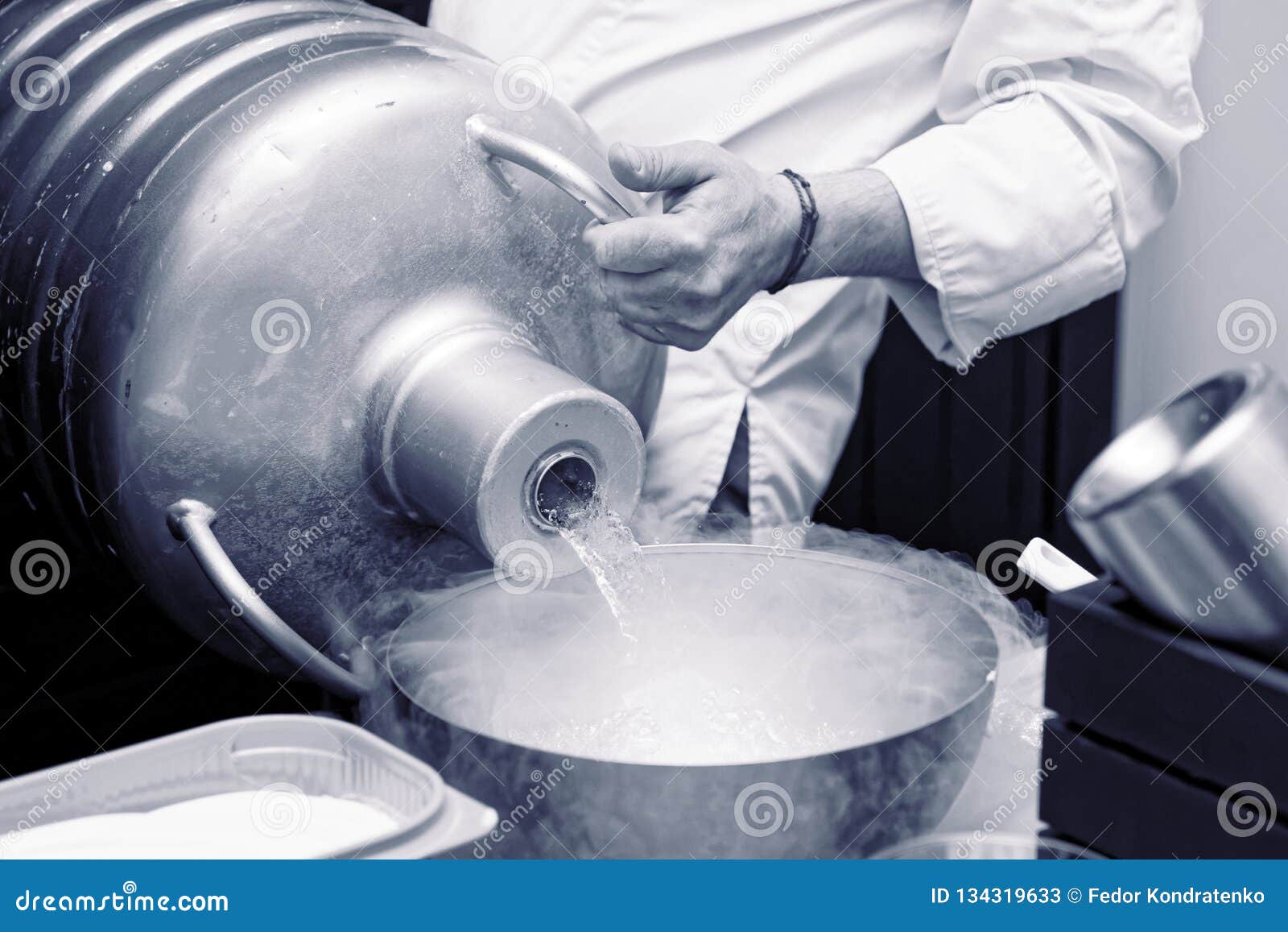 Chef is Pouring Liquid Nitrogen from a Large Dewar Flask, Toned Stock Image Image of film
