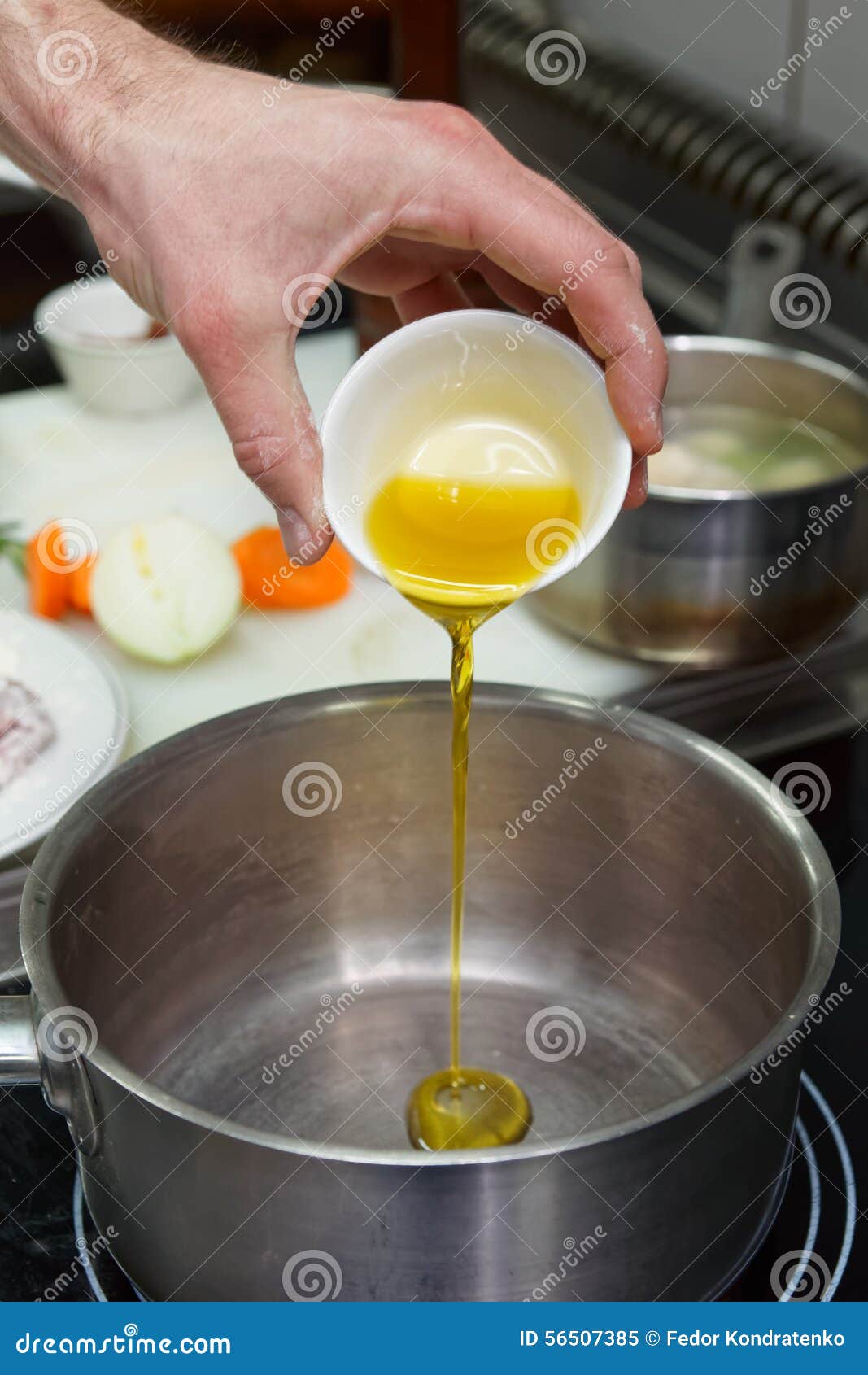 Chef is Pouring Olive Oil in Pan Stock Image Image of metal, food