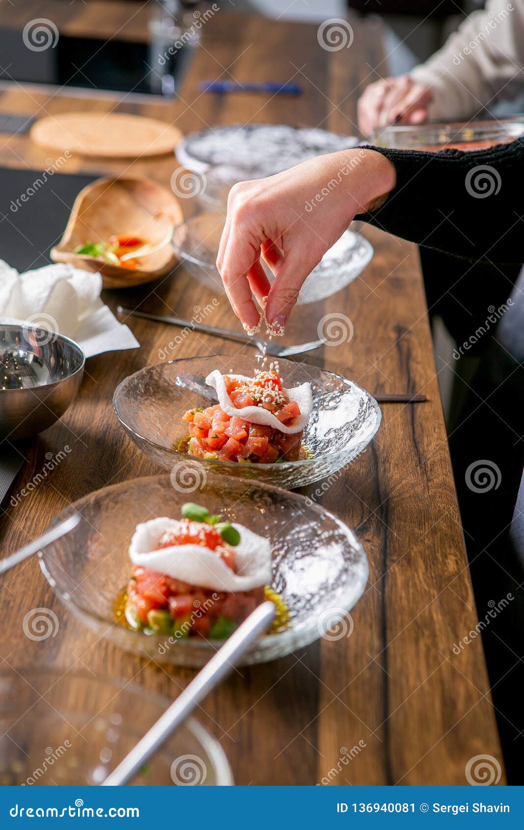 Chef Puts Tuna Tartare on a Plate. Master Class in the Kitchen. the