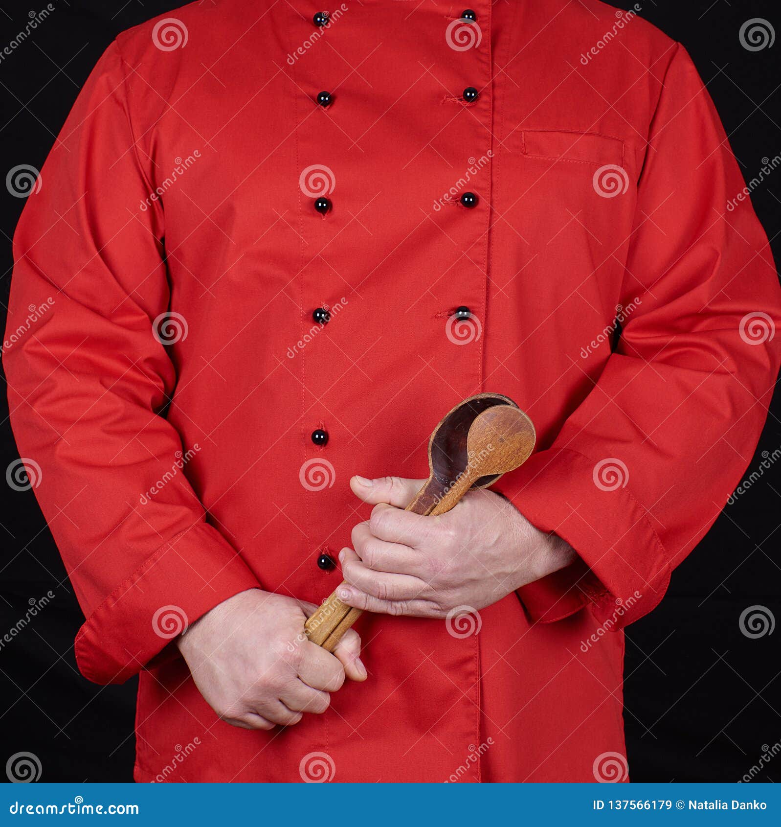 Chef in Red Uniform Holding Old Wooden Spoons Stock Image - Image of ...