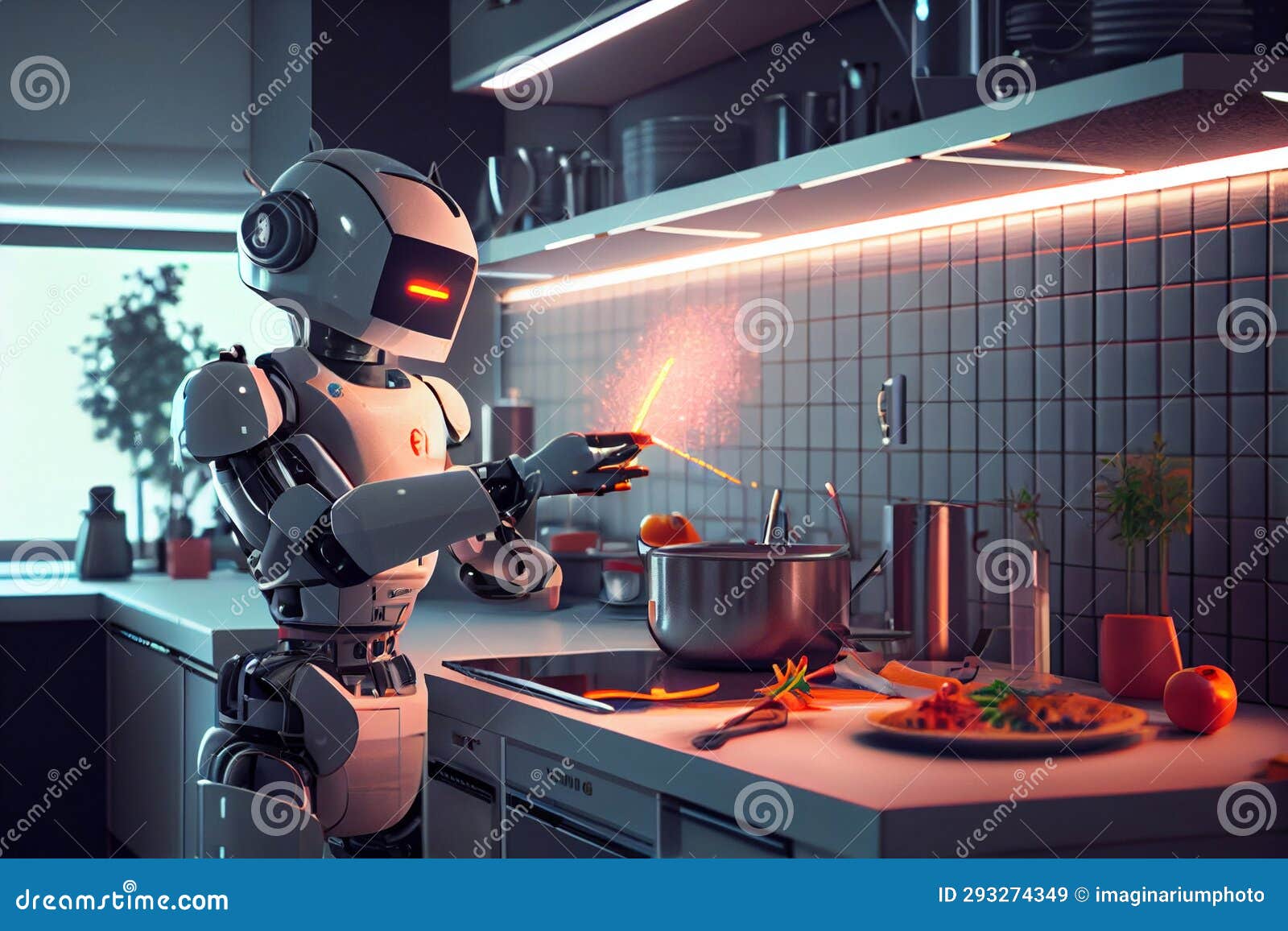 Chef Robot Cook Prepares Meals in the Kitchen. Replacing Human Labor