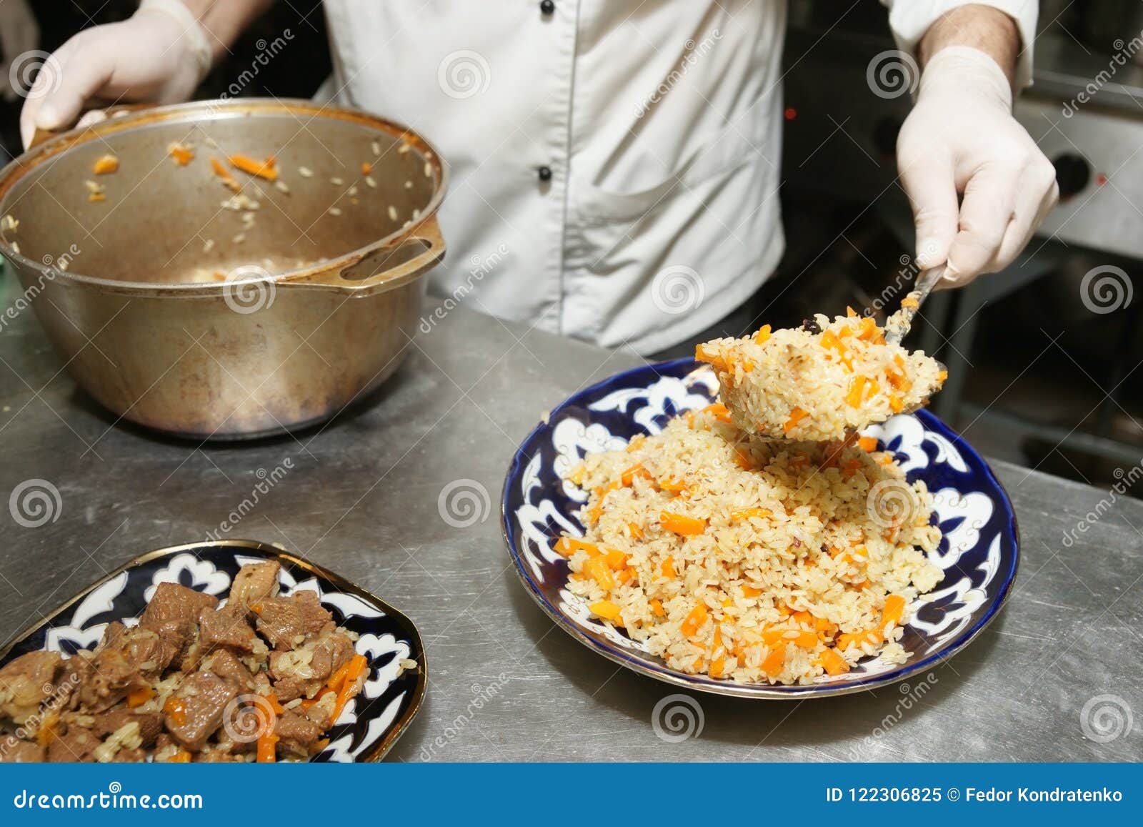 Chef is Serving Pilaf in Restaurant Kitchen Stock Image Image of