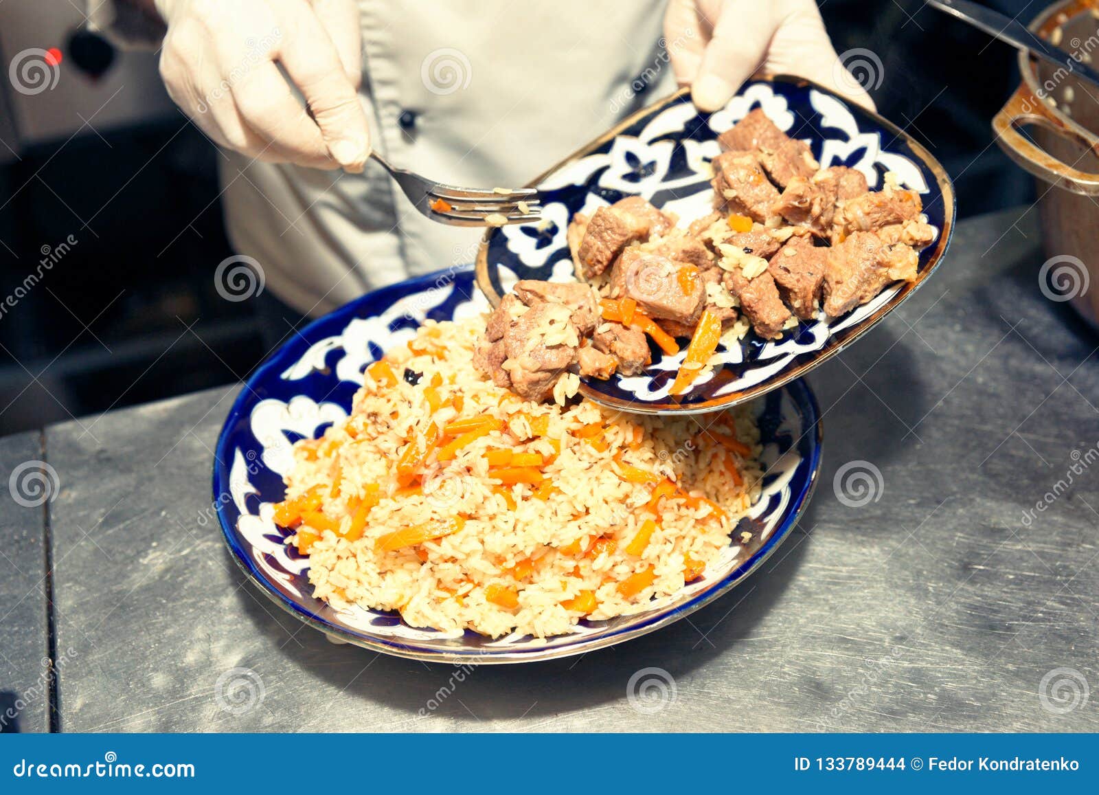 Chef is Serving Pilaf in Restaurant Kitchen Stock Photo Image of