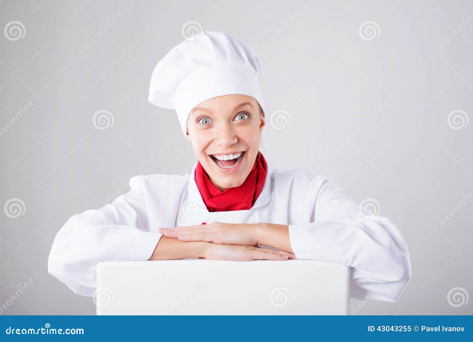 Chef Sign. Woman Cook / Baker Looking Over Paper Sign Billboard ...