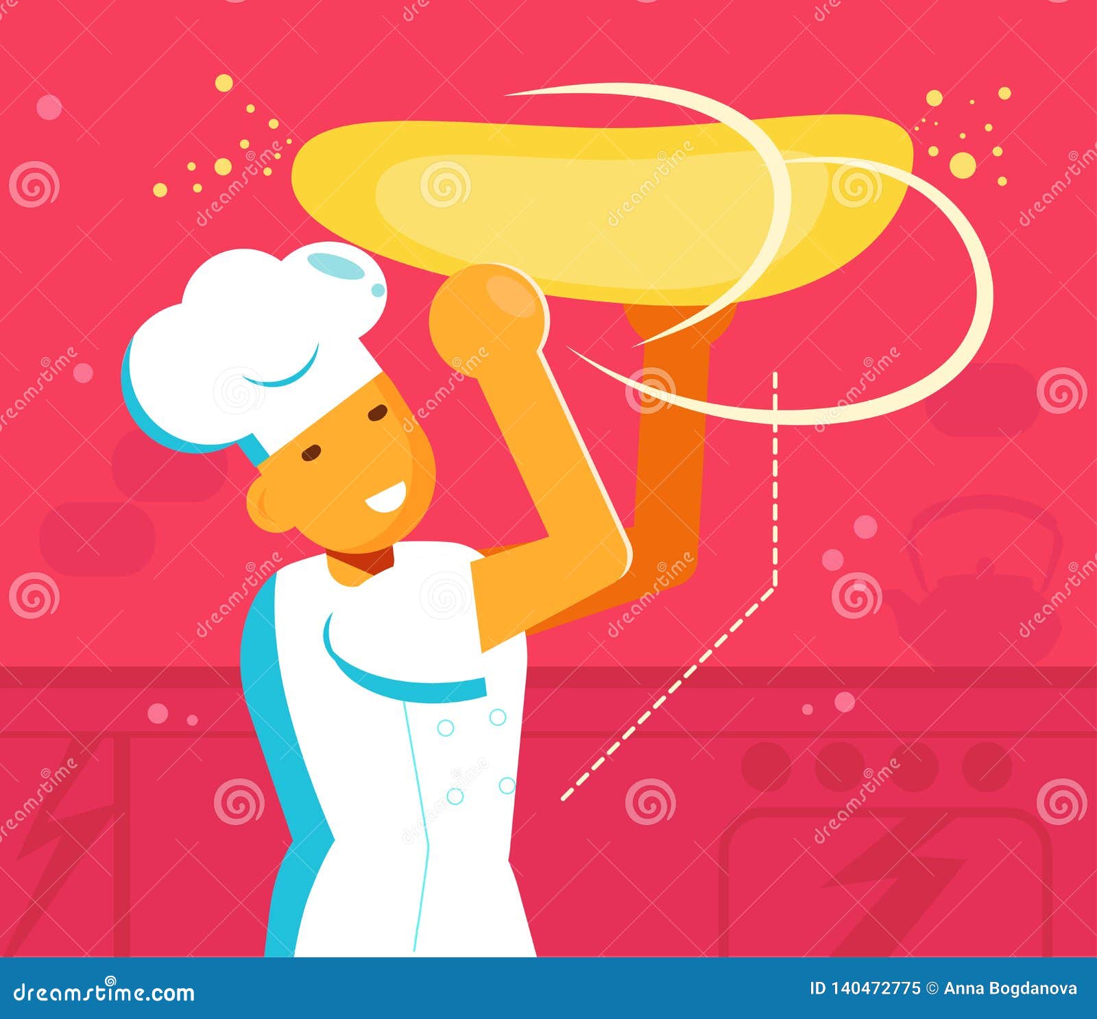 Chef Spinning the Pizza Dough Vector. Cartoon. Isolated Art Flat Stock