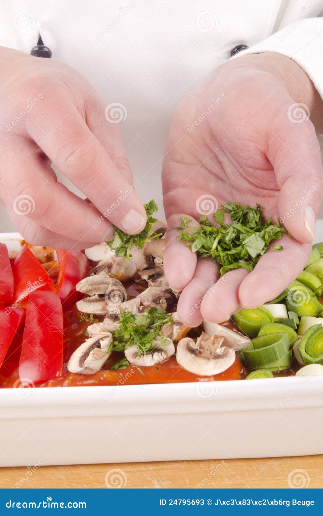 Chef Spread Fresh Herbs on Lasagna Stock Image Image of slice
