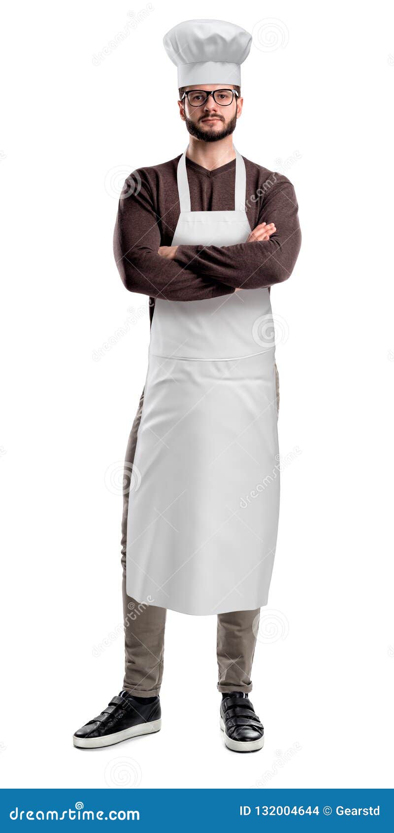 Chef Wearing White Apron And Hat Isolated On White Background Stock 