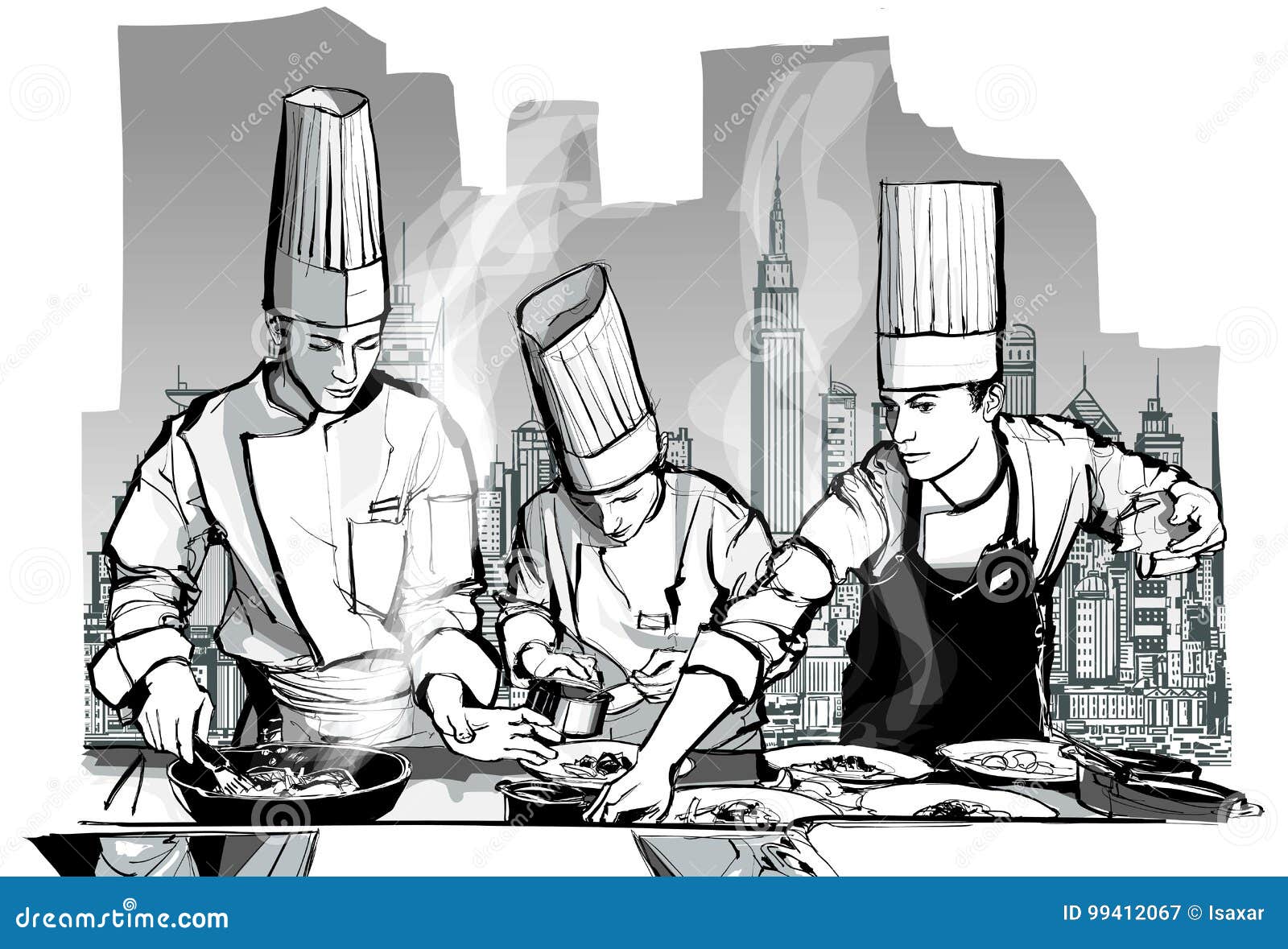 Chefs in a Restaurant Kitchen Cooking Stock Vector Illustration of pots, drawing 99412067