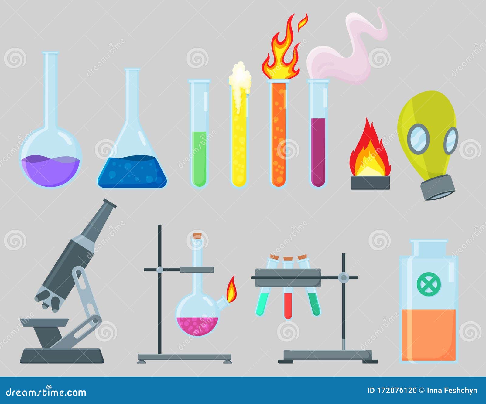 Chemical Experiment Laboratory Equipment Set. Glass Flasks, Microscope ...