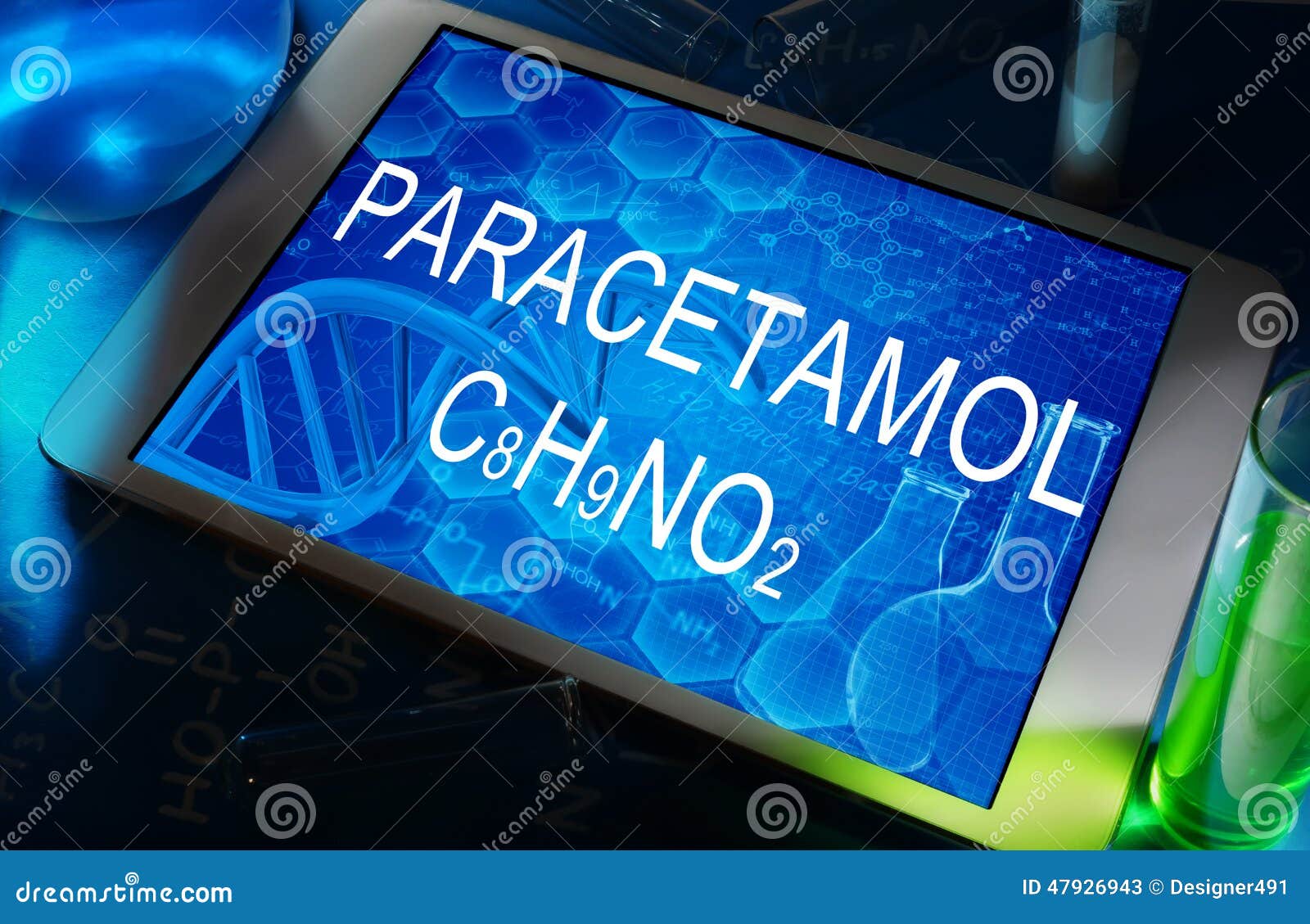 The chemical formula of Paracetamol on a tablet with test tubes