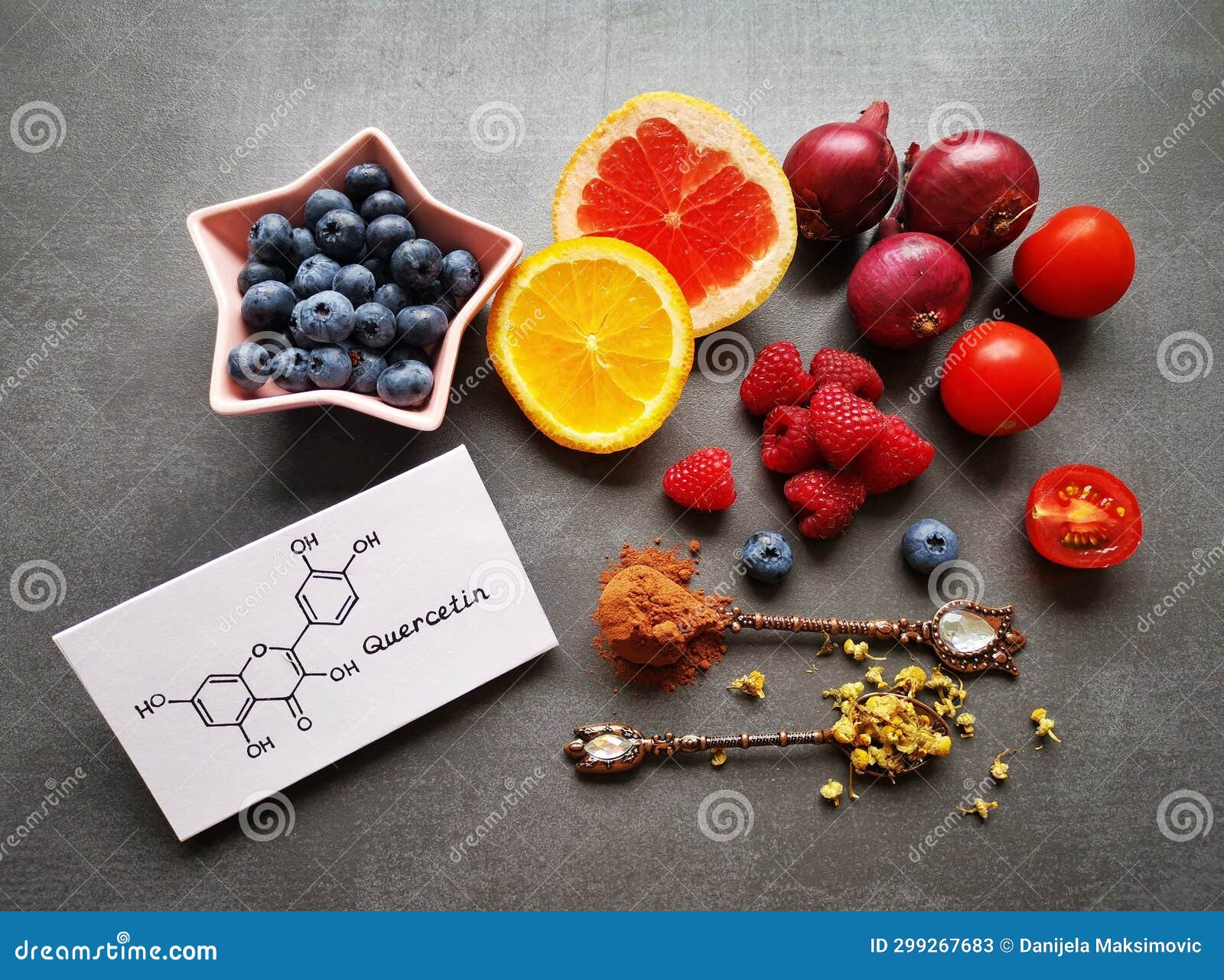chemical formula of quercetin molecule with fresh fruit and vegetable as natural sources of quercetin.