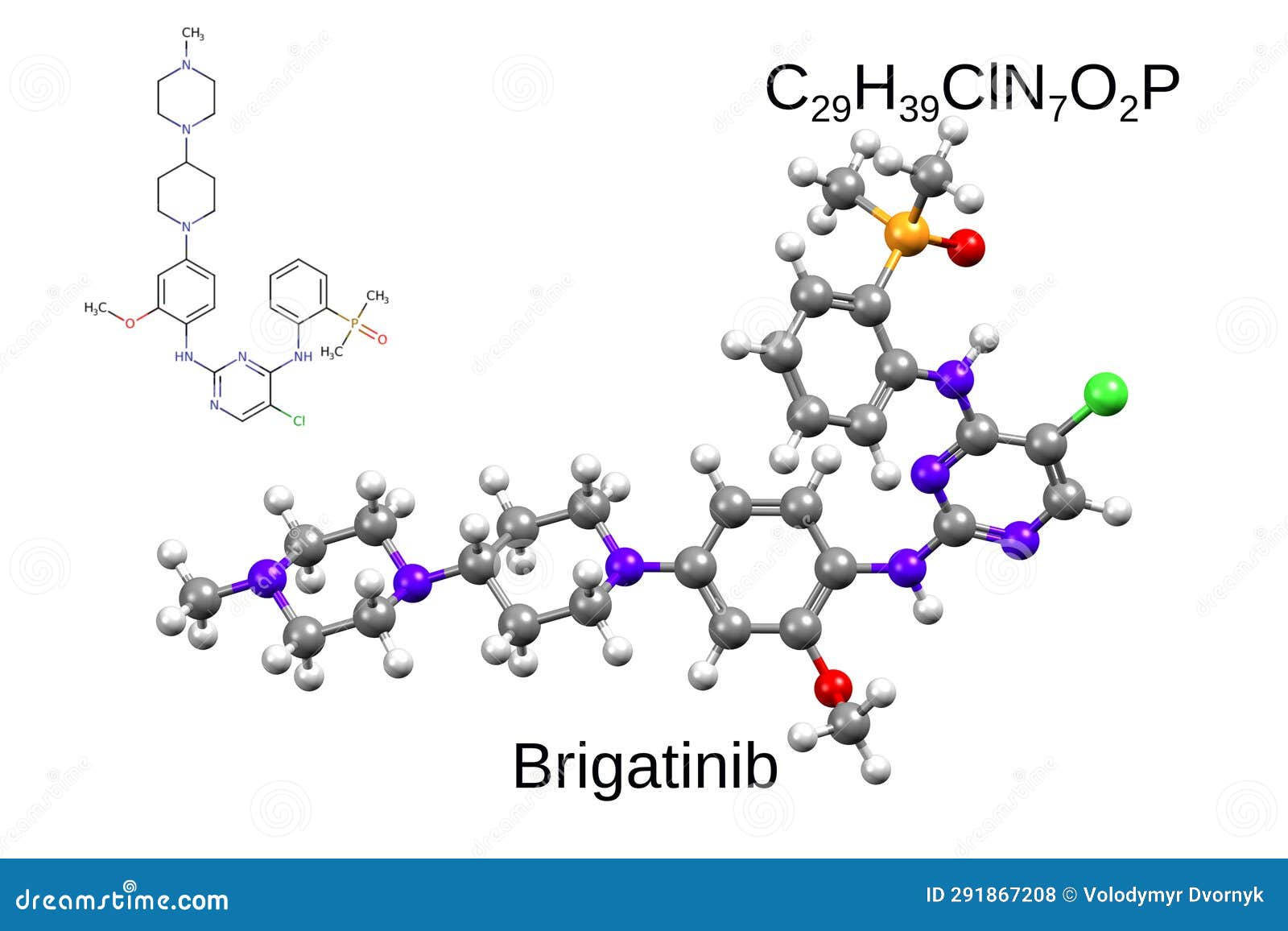 chemical formula, skeletal formula and 3d ball-and-stick model of a chemotherapeutic drug brigatinib, white background
