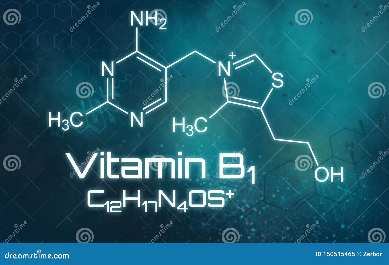 Chemical Formula of Vitamin B1 on a Futuristic Background Stock