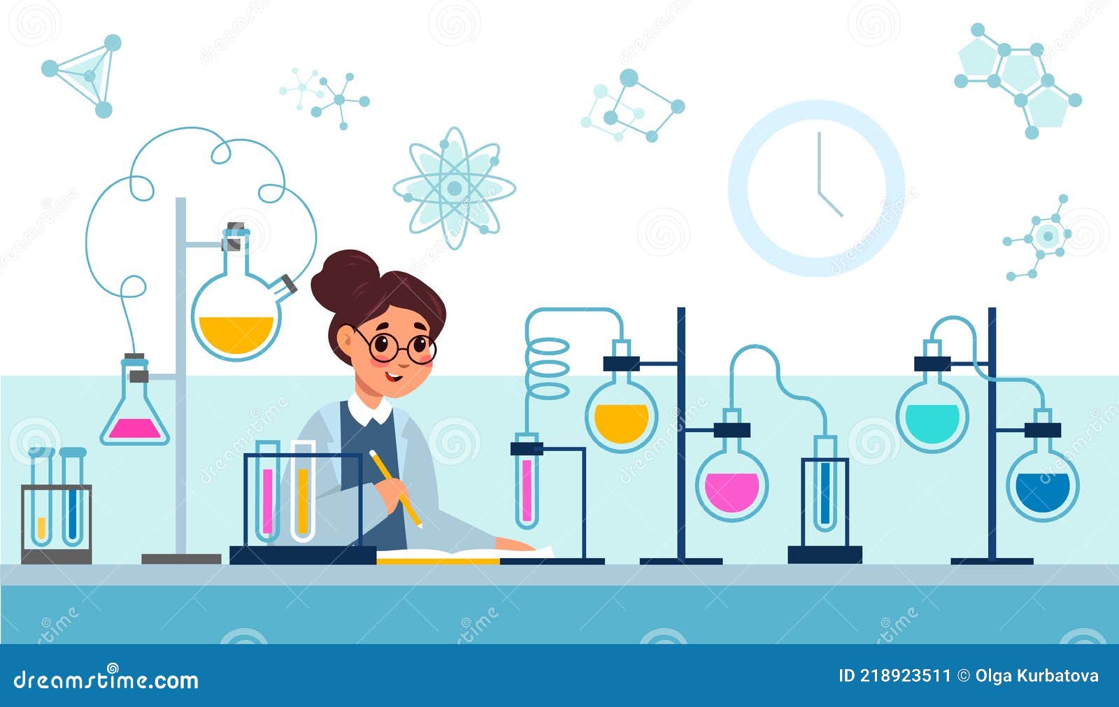 Chemical Laboratory. Woman Works in Professional Lab. Scientific Employee Sits at Table with Test Tubes. Female Stock Vector - Illustration of work, science: 218923511 Chemical Laboratory. Woman Works in Professional Lab. Scientific Employee Sits at Table with Test Tubes. Female Stock Vector - Illustration of work, science: 218923511