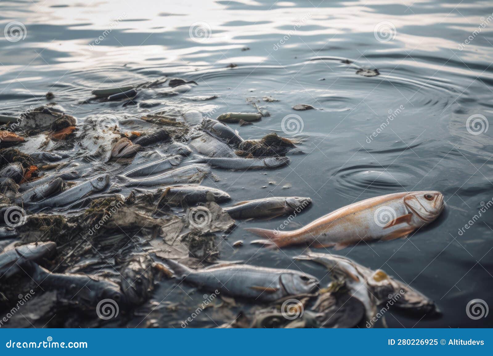 Chemical Waste Spill in the Ocean, with Dead Fish and Crabs Floating on ...