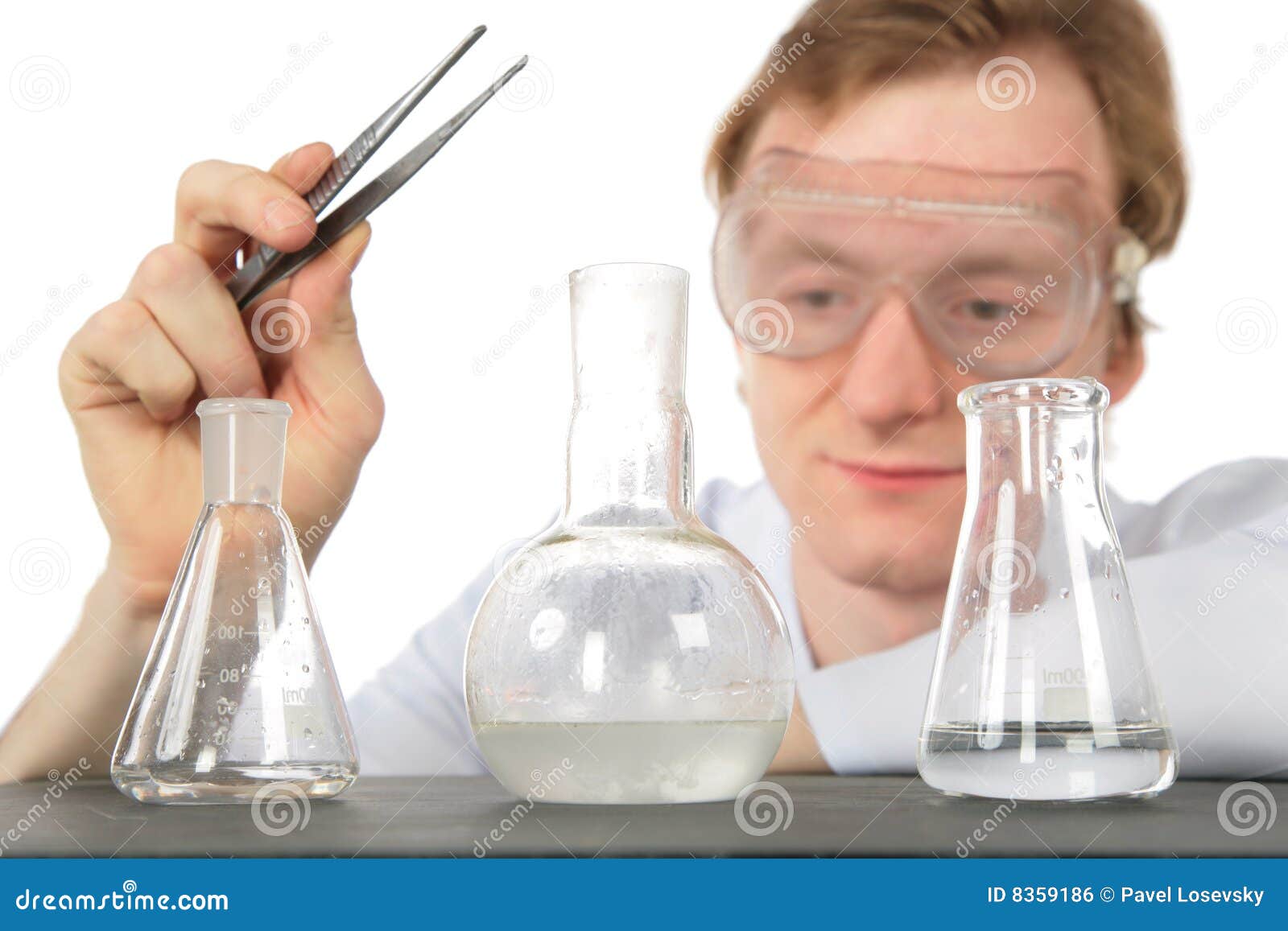 Chemist with Tweezers and Three Flasks Stock Photo Image of equipment