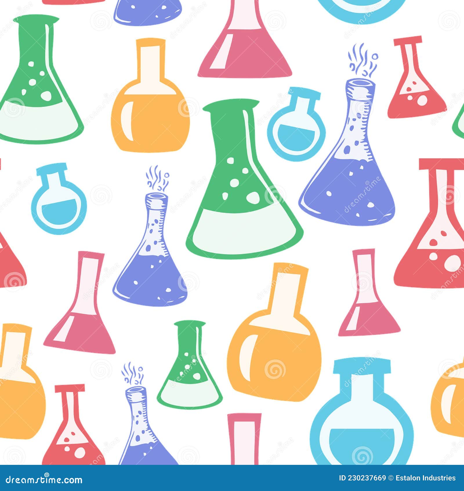 Chemistry Beakers on White Background Geometrical Pattern Seamless Repeat Background Stock