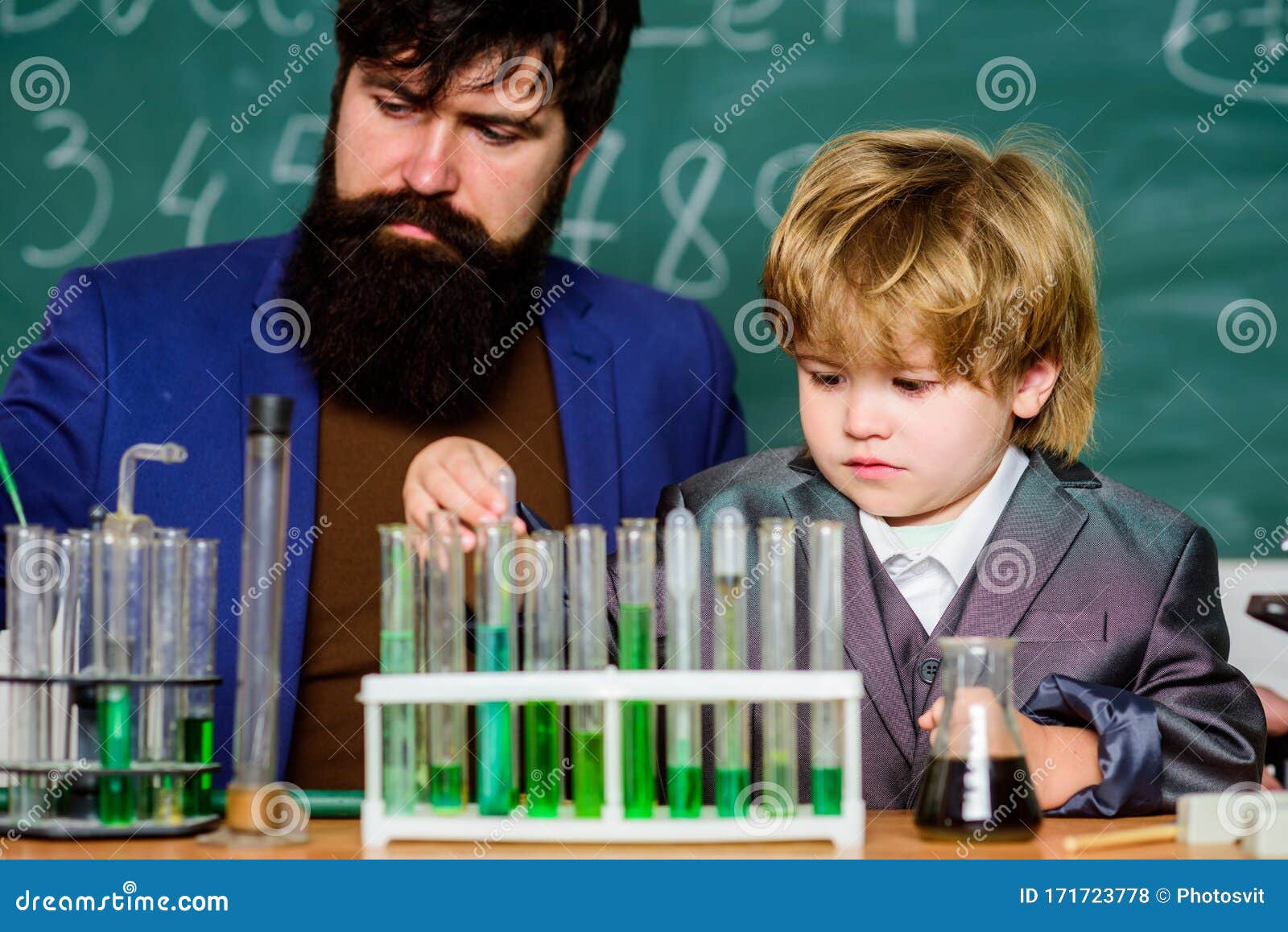 Chemistry Experiment. Teacher Child Test Tubes. Cognitive Process. Kids